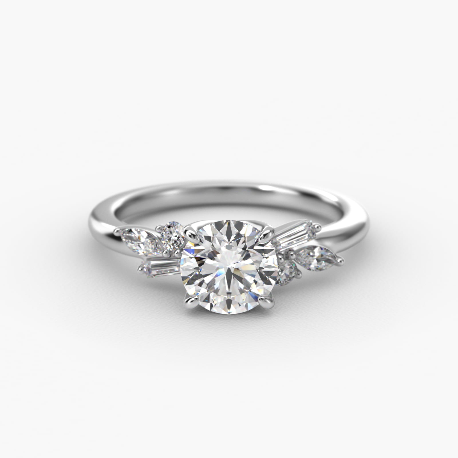 Floral Motif Diamond Accent Side Stone Engagement Ring In 14K White Gold