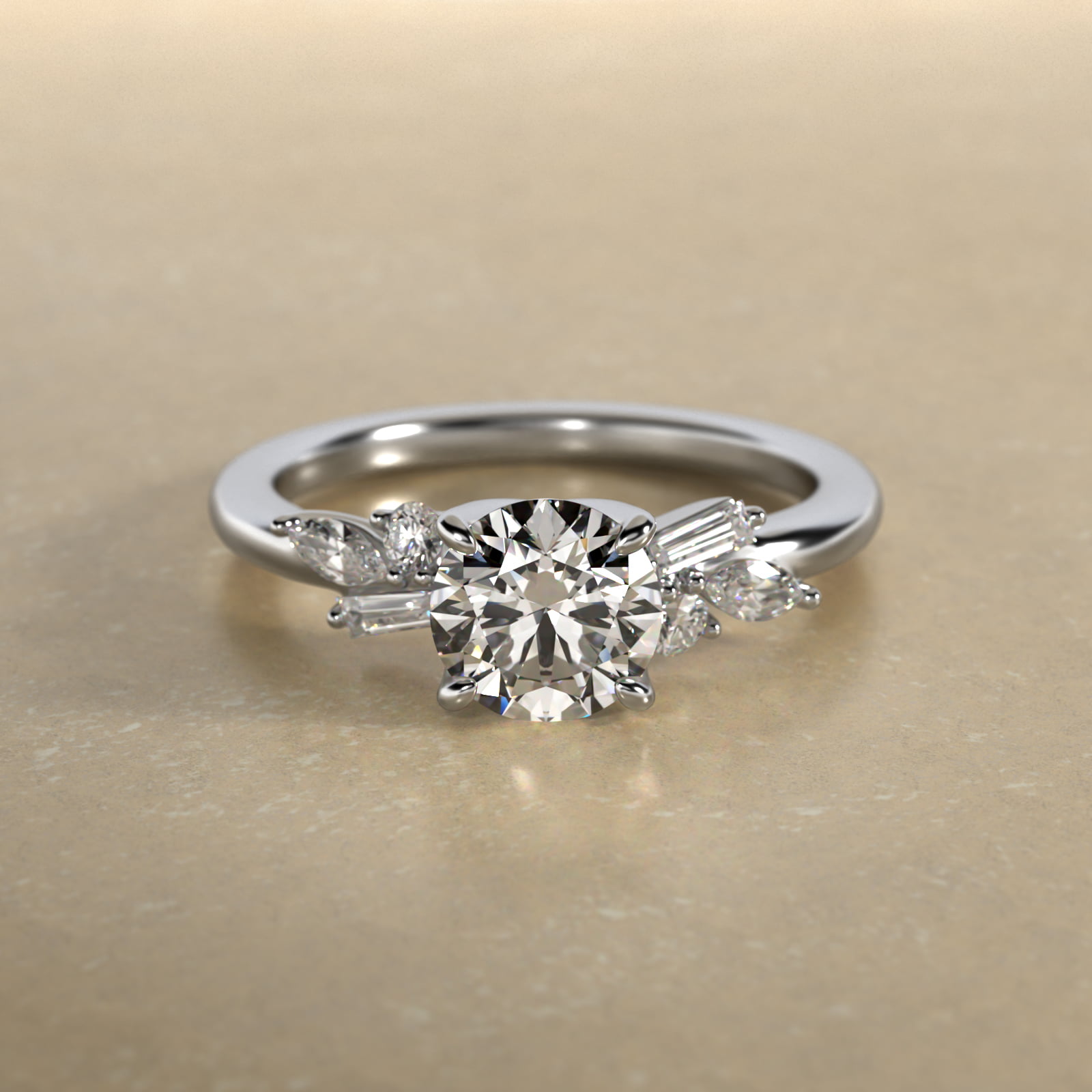 Floral Motif Diamond Accent Side Stone Engagement Ring In Platinum
