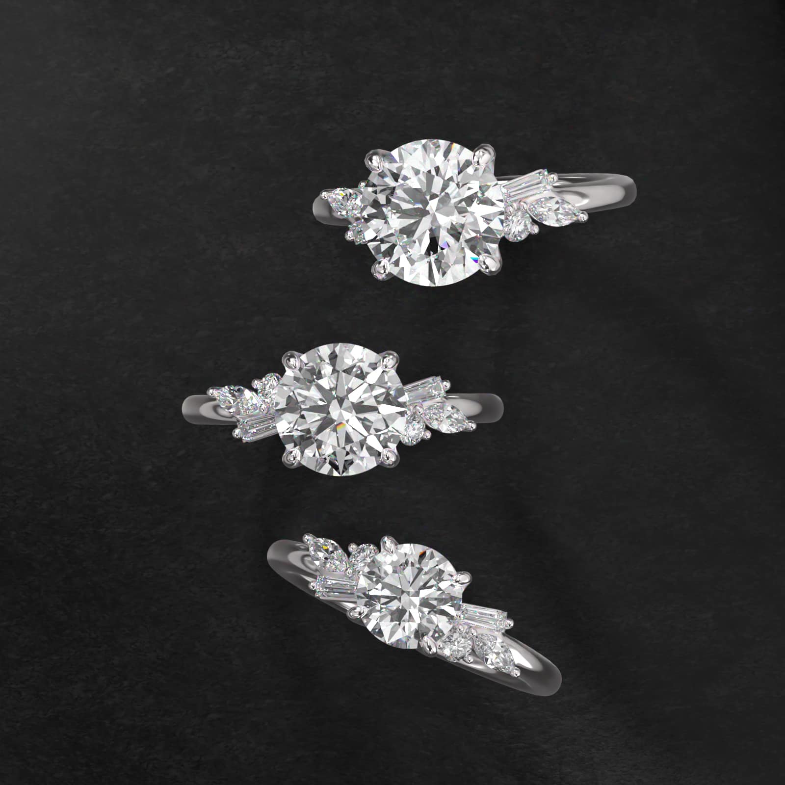 Floral Motif Diamond Accent Side Stone Engagement Ring In 18K White Gold