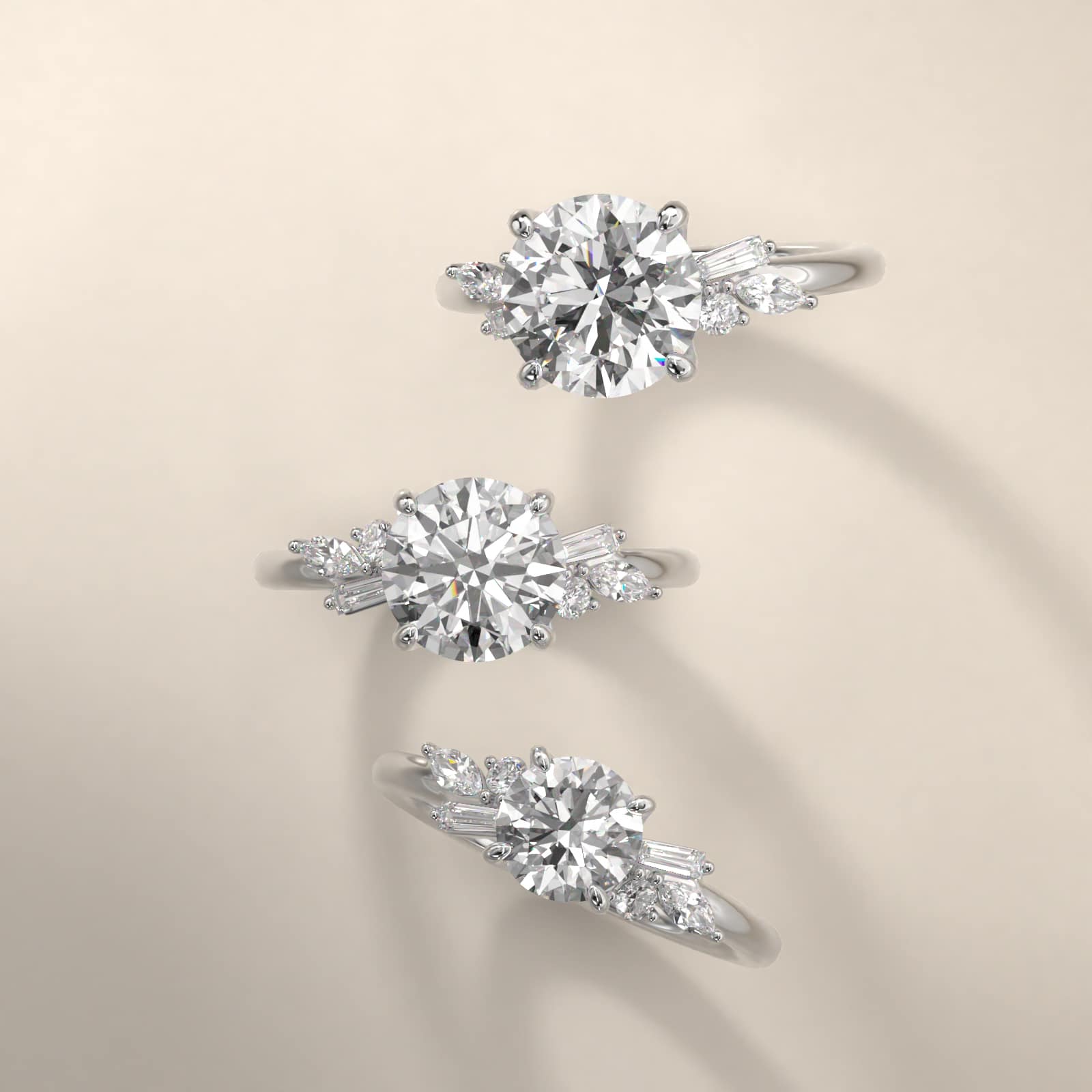 Floral Motif Diamond Accent Side Stone Engagement Ring In 14K White Gold