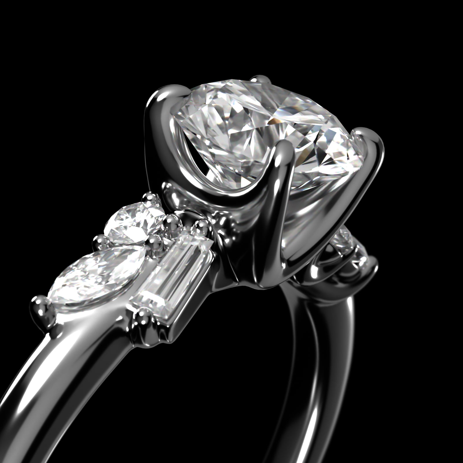 Floral Motif Diamond Accent Side Stone Engagement Ring In 18K White Gold