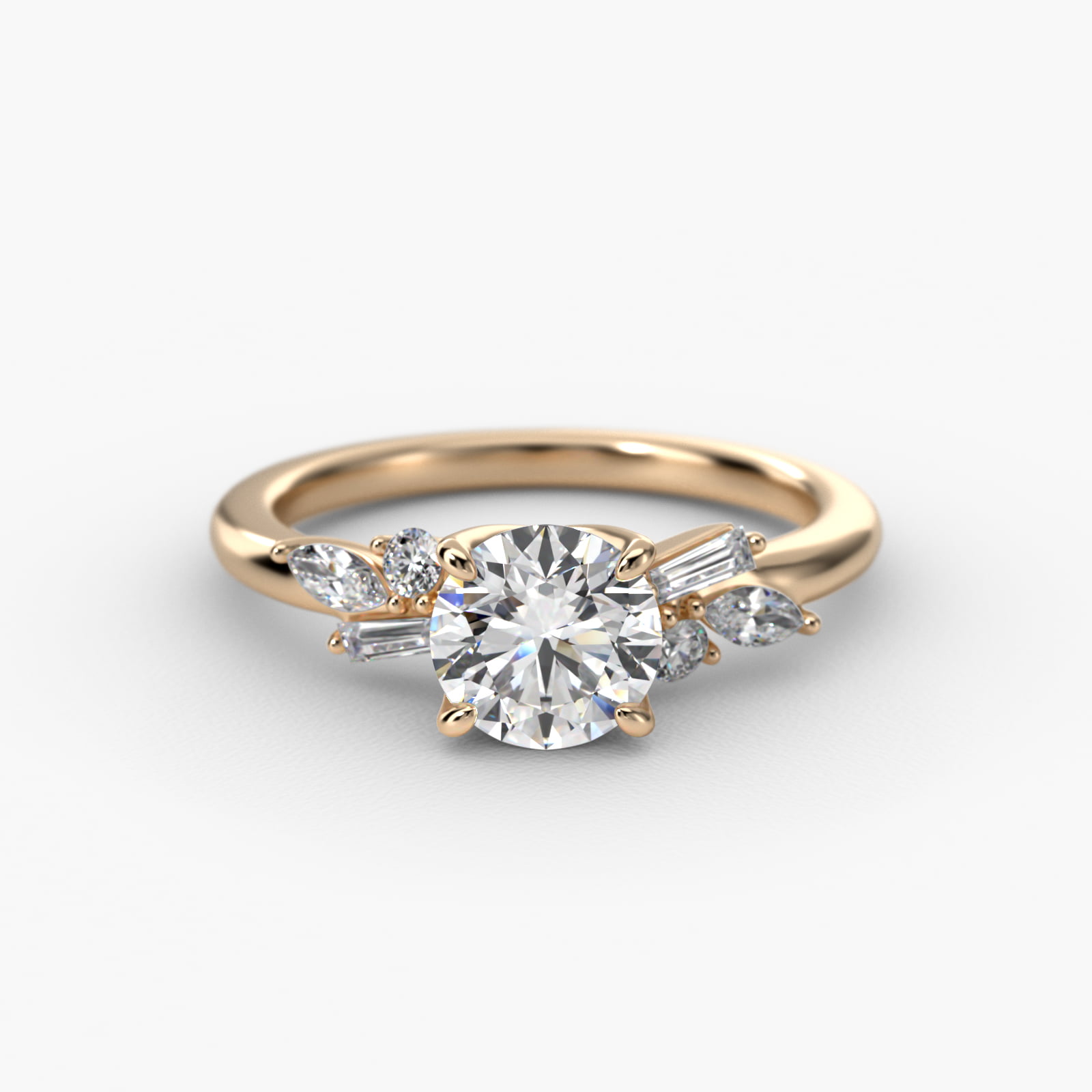 Floral Motif Diamond Accent Side Stone Engagement Ring In 18K Yellow Gold