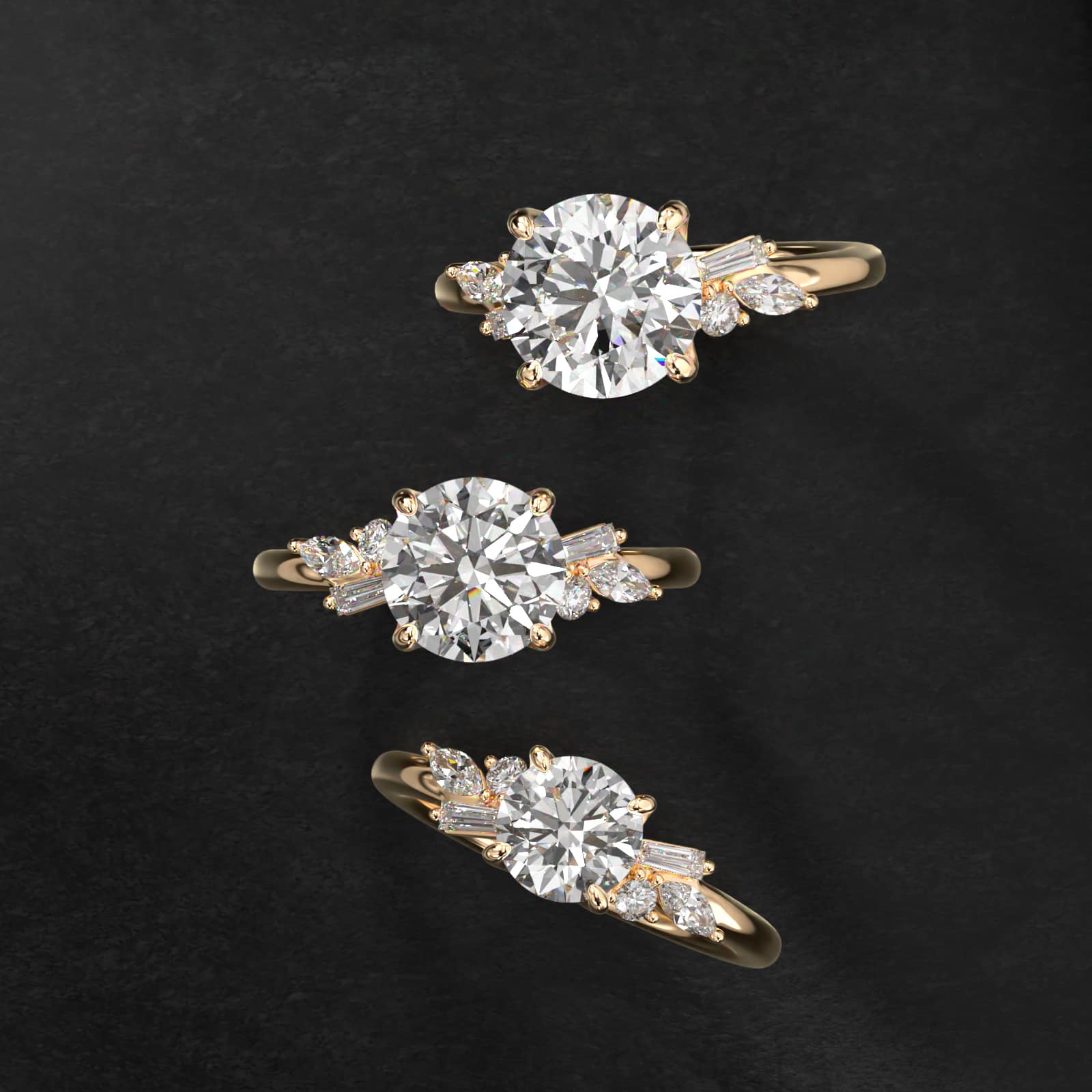 Floral Motif Diamond Accent Side Stone Engagement Ring In 18K Yellow Gold