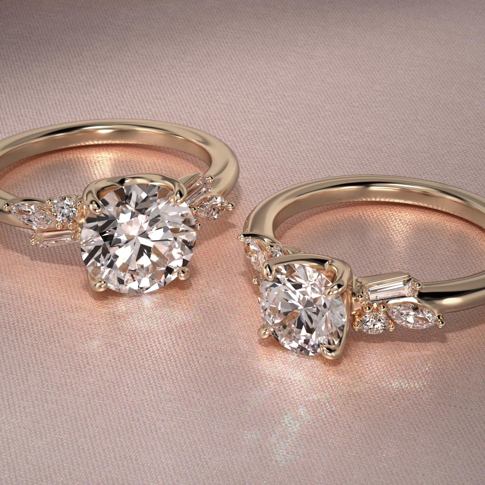 Floral Motif Diamond Accent Side Stone Engagement Ring In 14K Yellow Gold