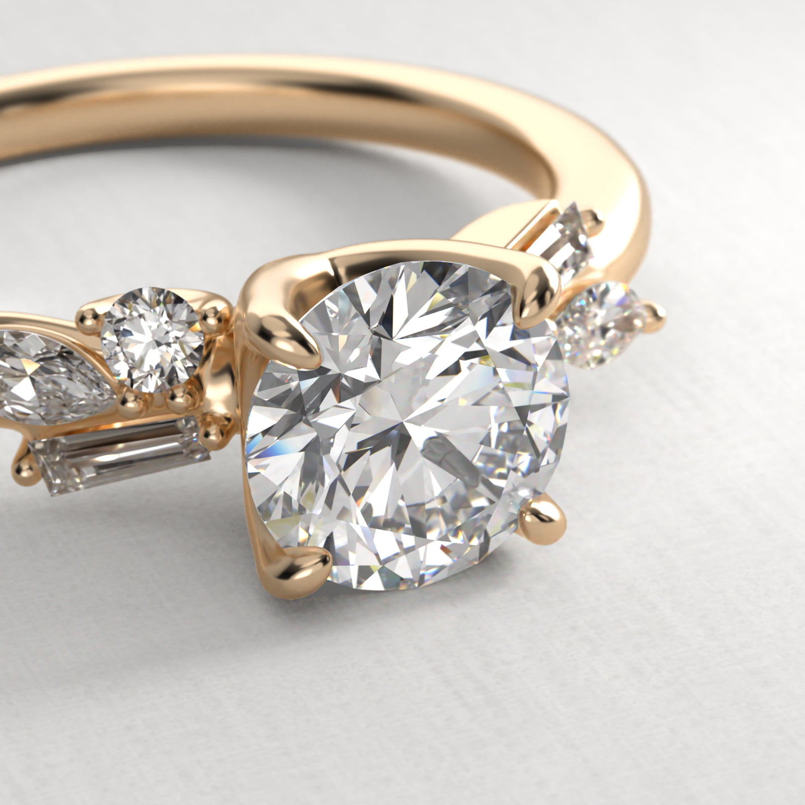 Floral Motif Diamond Accent Side Stone Engagement Ring In 14K Yellow Gold