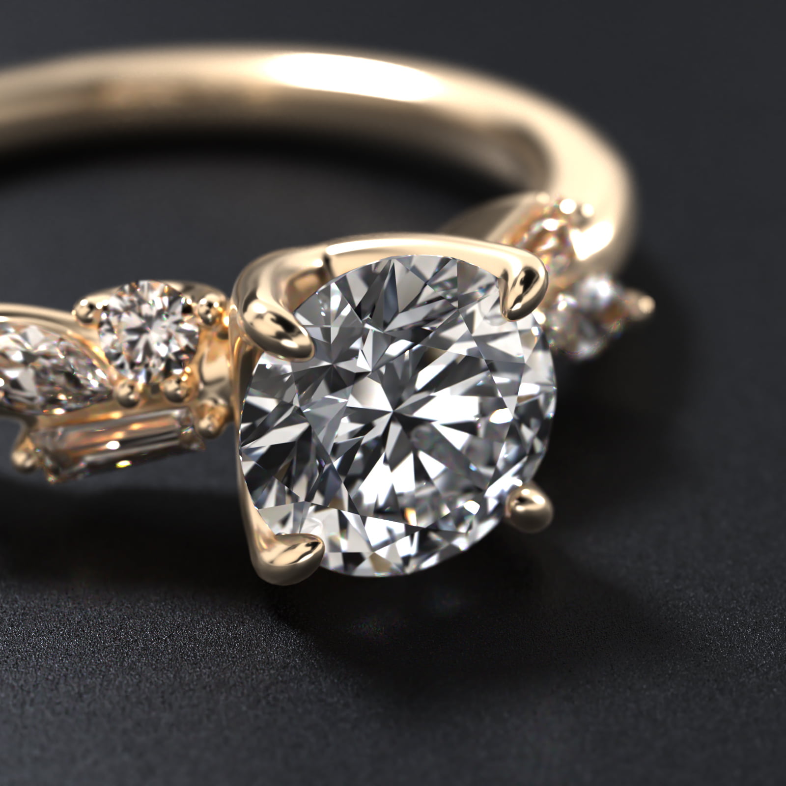 Floral Motif Diamond Accent Side Stone Engagement Ring In 18K Yellow Gold