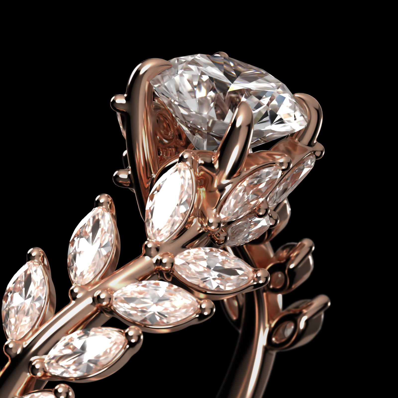 Diamond Vine Side Stone Engagement Ring In 14K Rose Gold