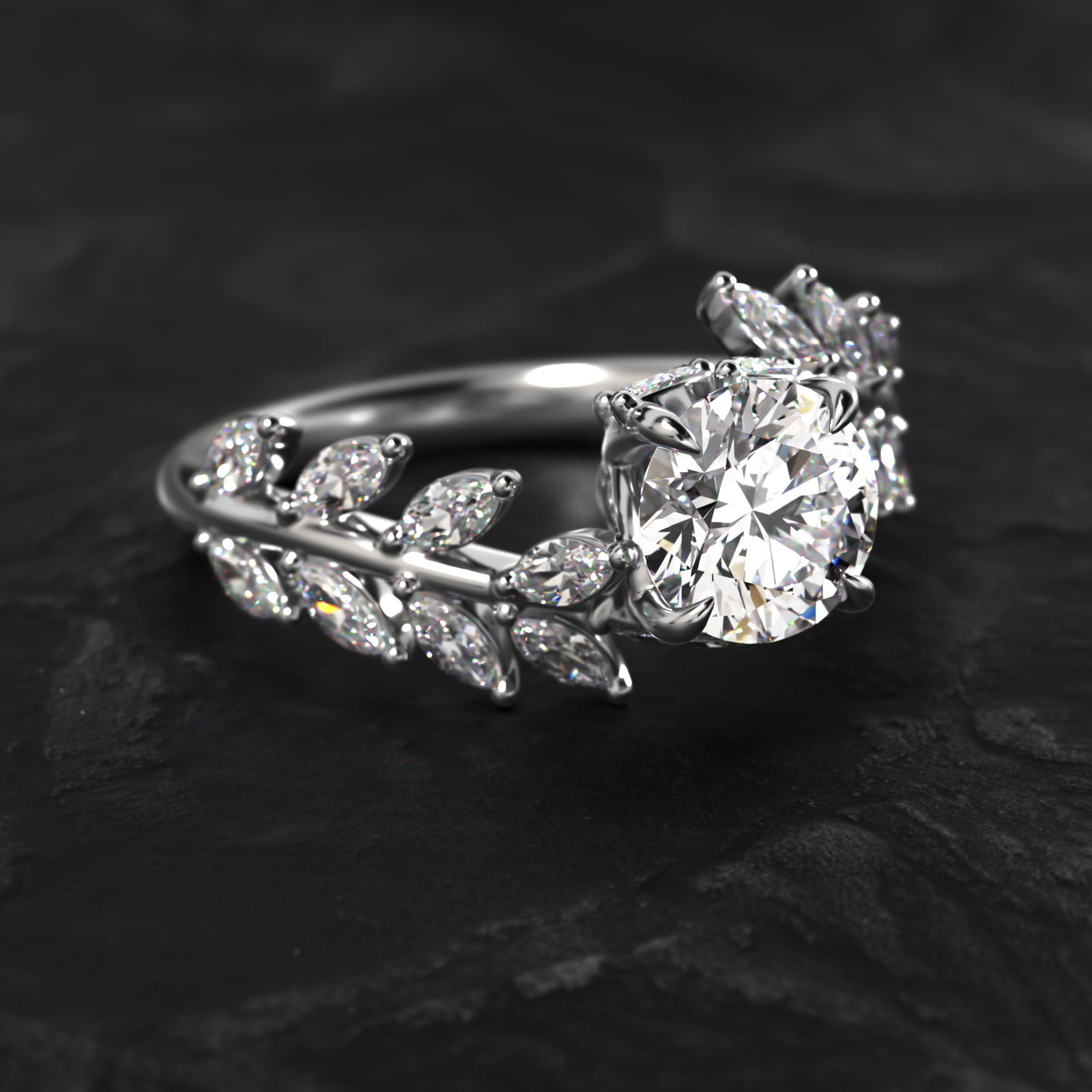 Diamond Vine Side Stone Engagement Ring In 14K White Gold