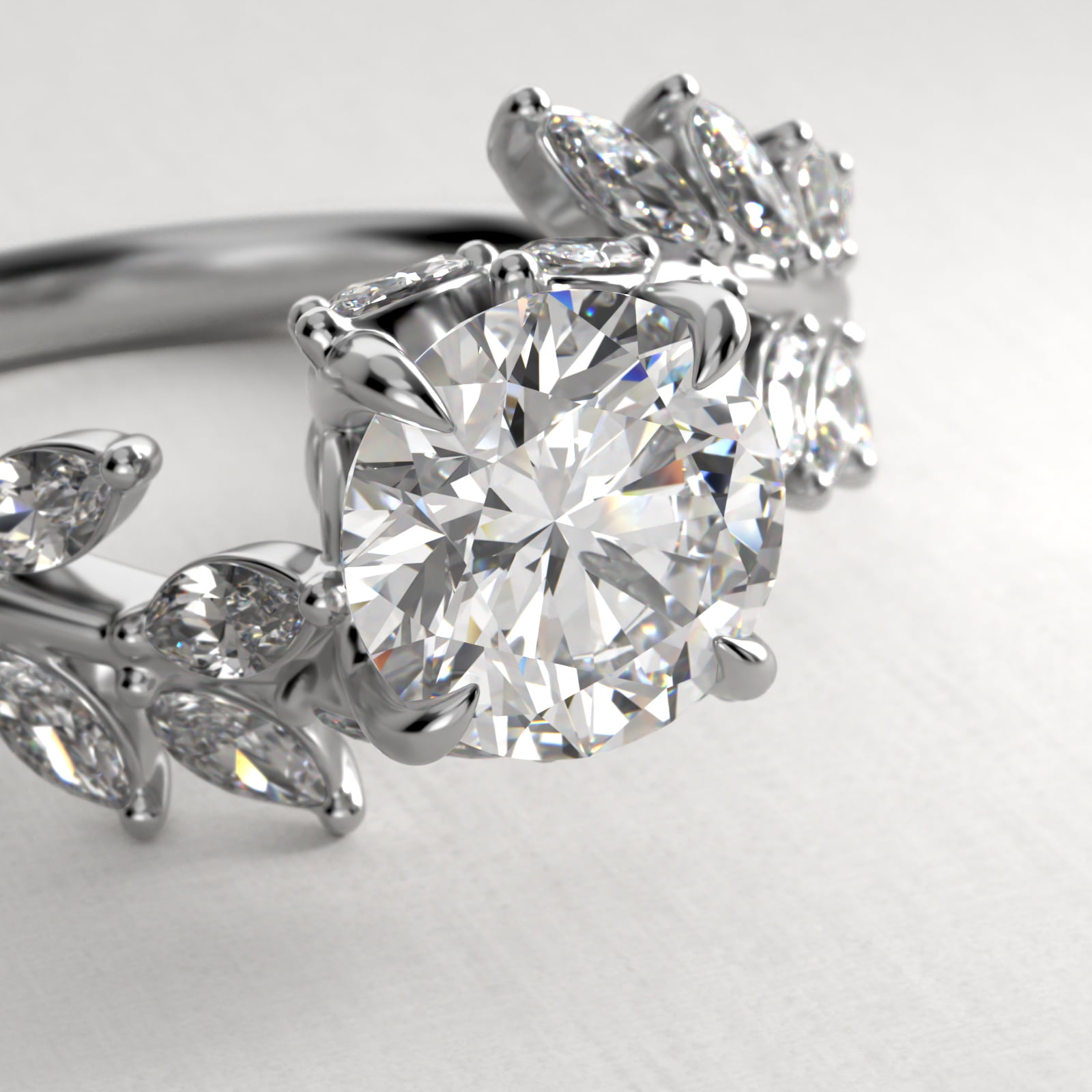 Diamond Vine Side Stone Engagement Ring In 14K White Gold