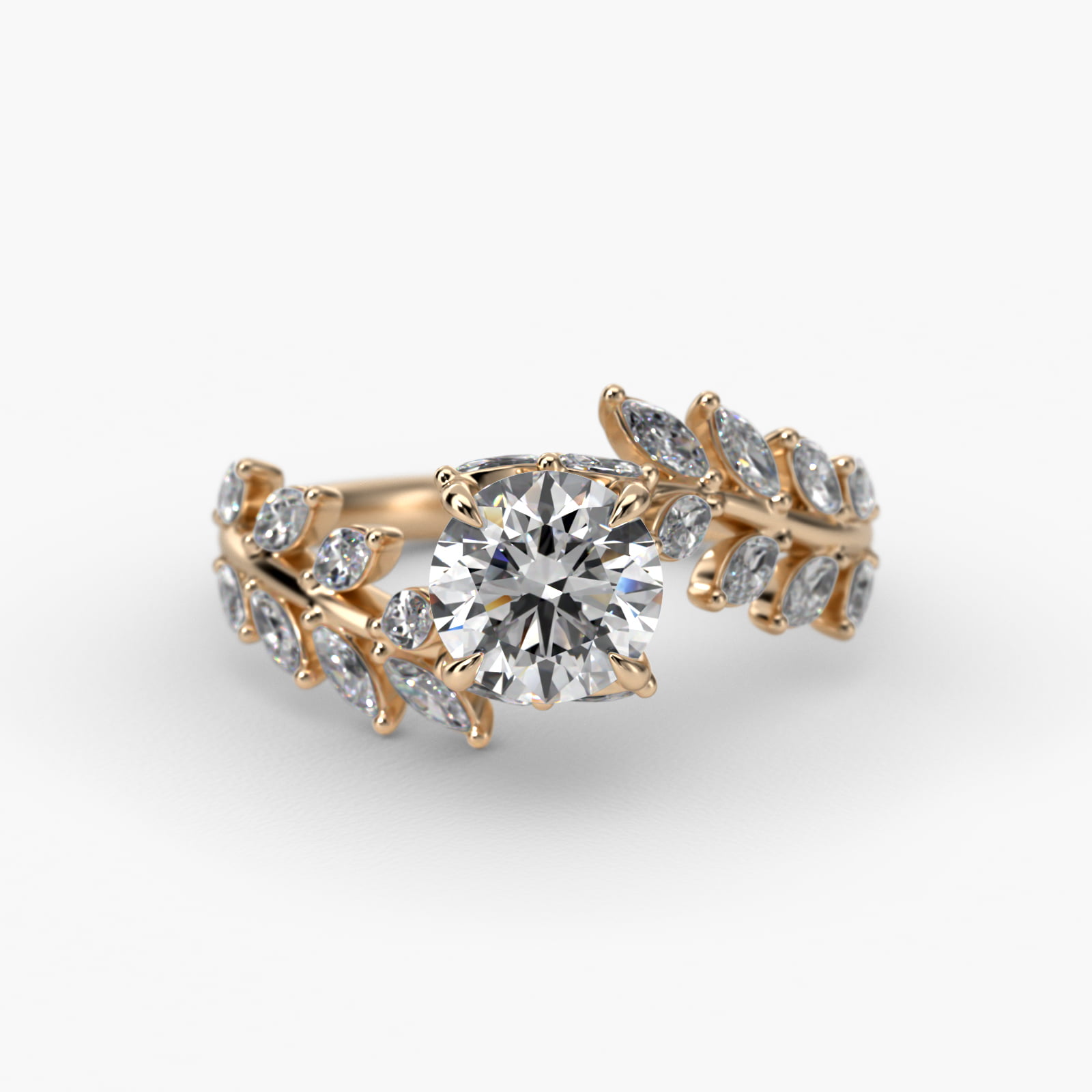 Diamond Vine Side Stone Engagement Ring In 14K Yellow Gold