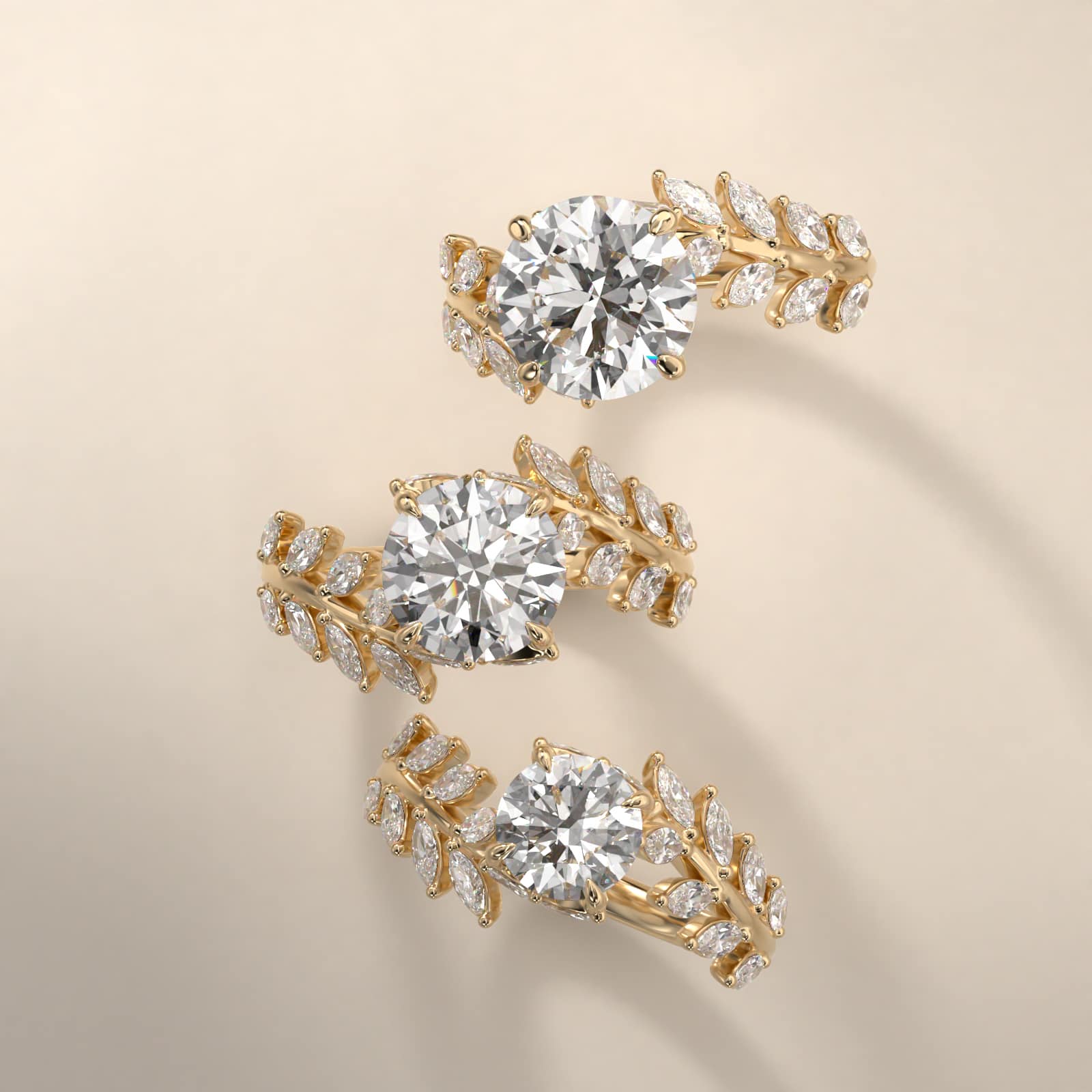 Diamond Vine Side Stone Engagement Ring In 14K Yellow Gold