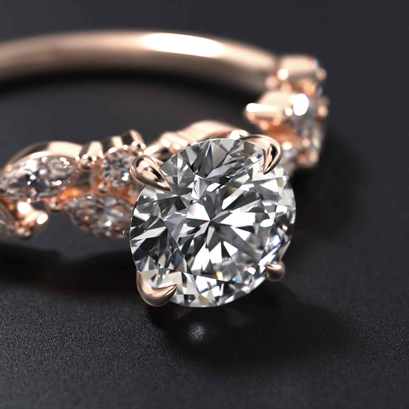 Floral Diamond Vine Side Stone Engagement Ring In 14K Rose Gold