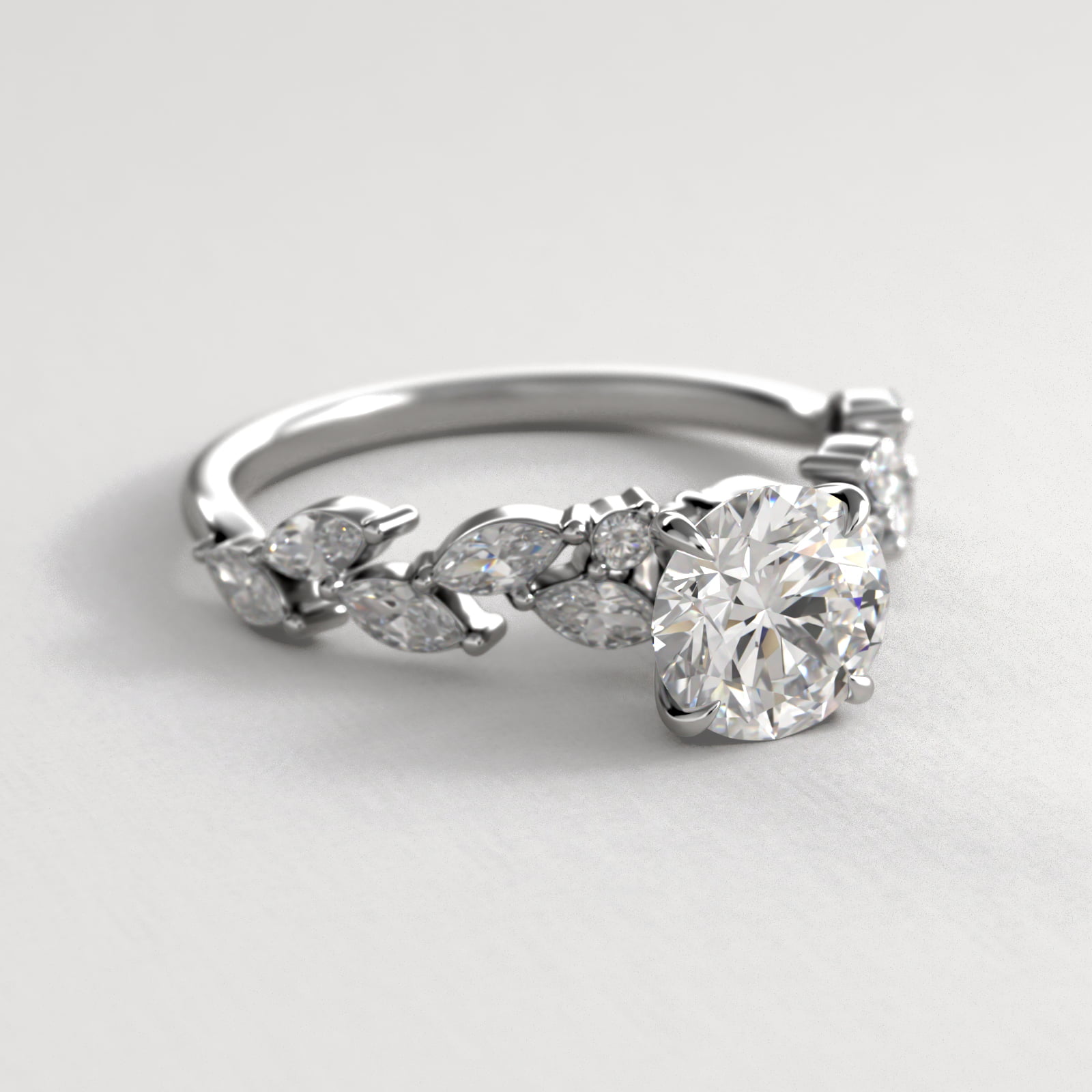 Floral Diamond Vine Side Stone Engagement Ring In 14K White Gold