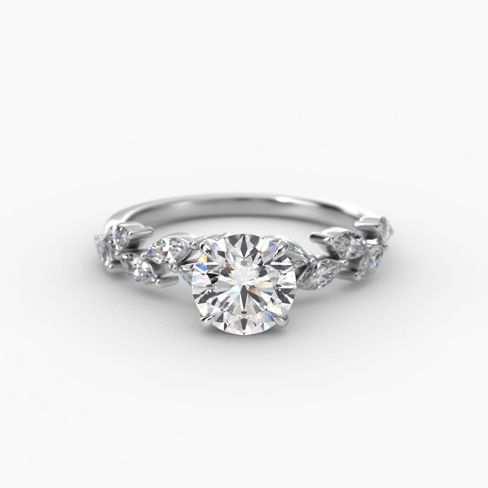 Floral Diamond Vine Side Stone Engagement Ring In 18K White Gold