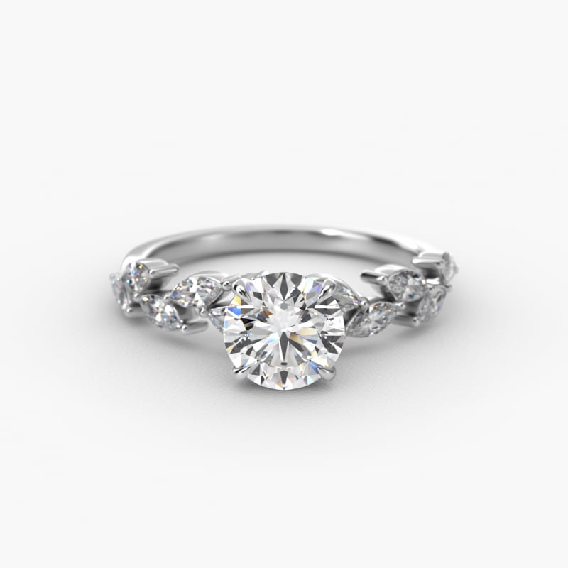 Floral Diamond Vine Side Stone Engagement Ring In 14K White Gold