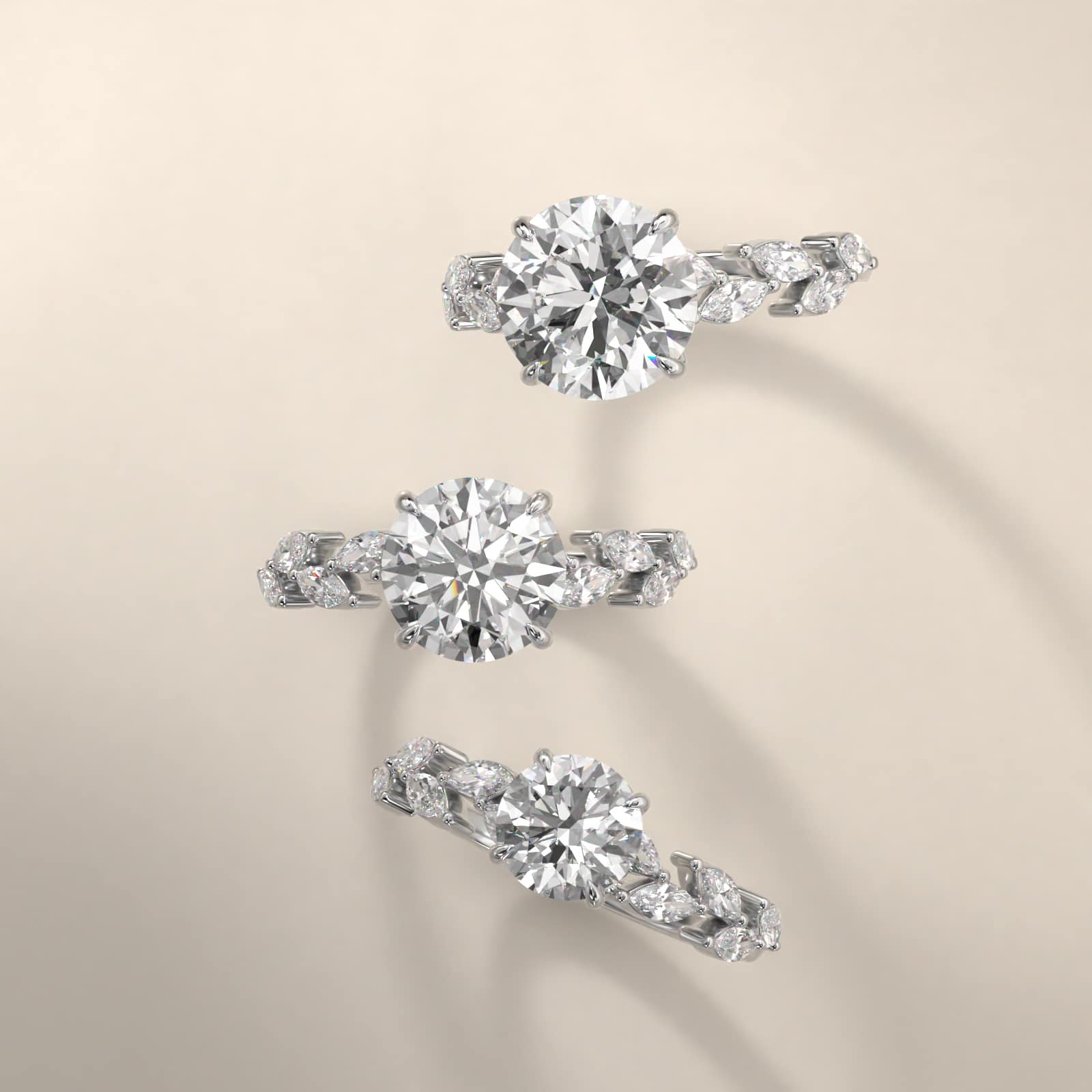 Floral Diamond Vine Side Stone Engagement Ring In 18K White Gold