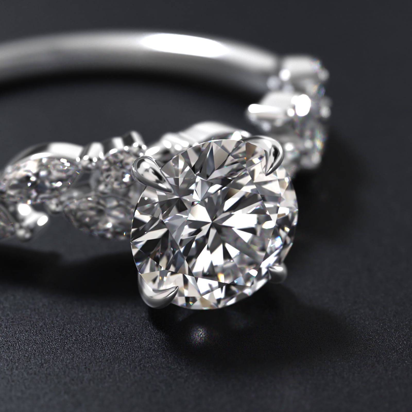 Floral Diamond Vine Side Stone Engagement Ring In 14K White Gold