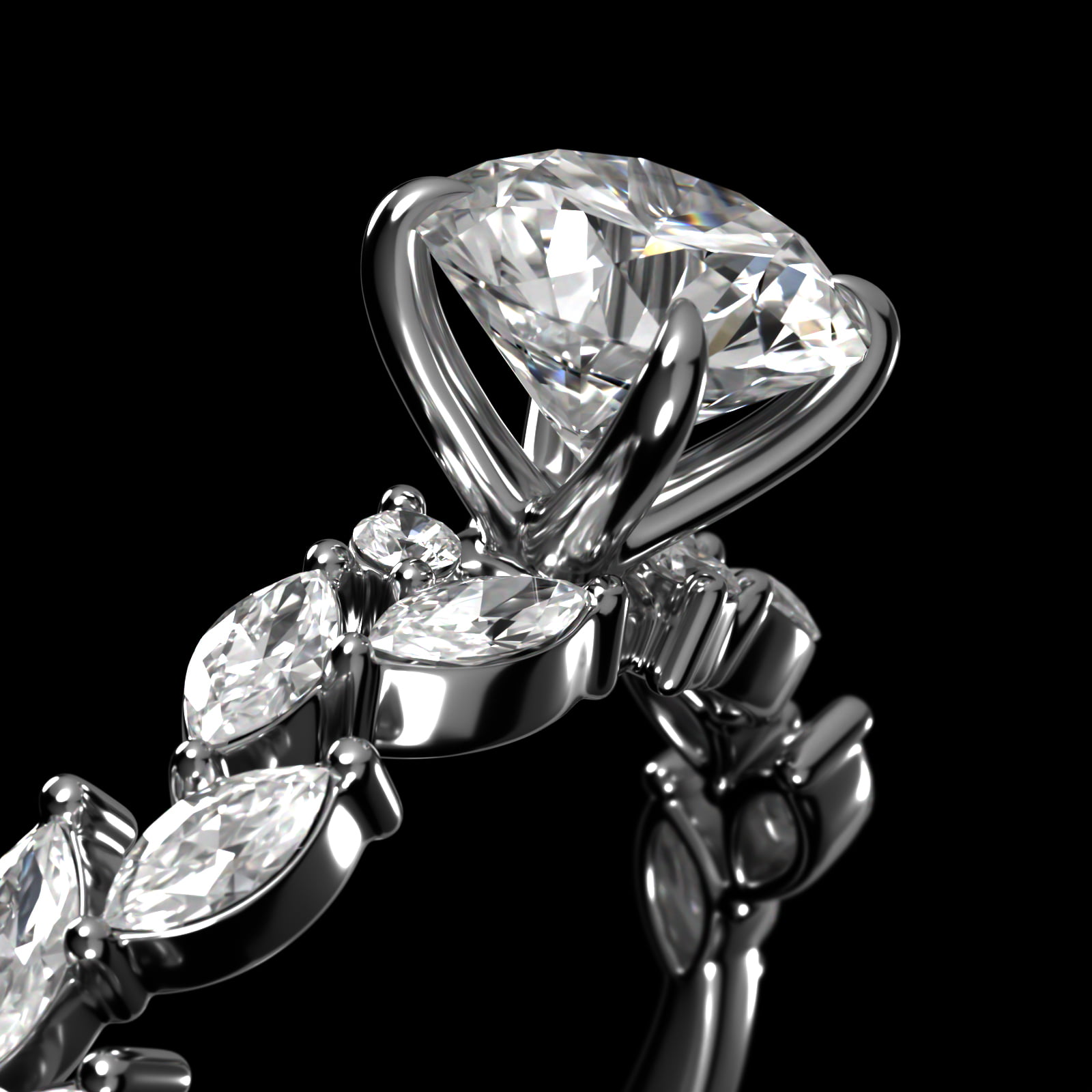 Floral Diamond Vine Side Stone Engagement Ring In 18K White Gold