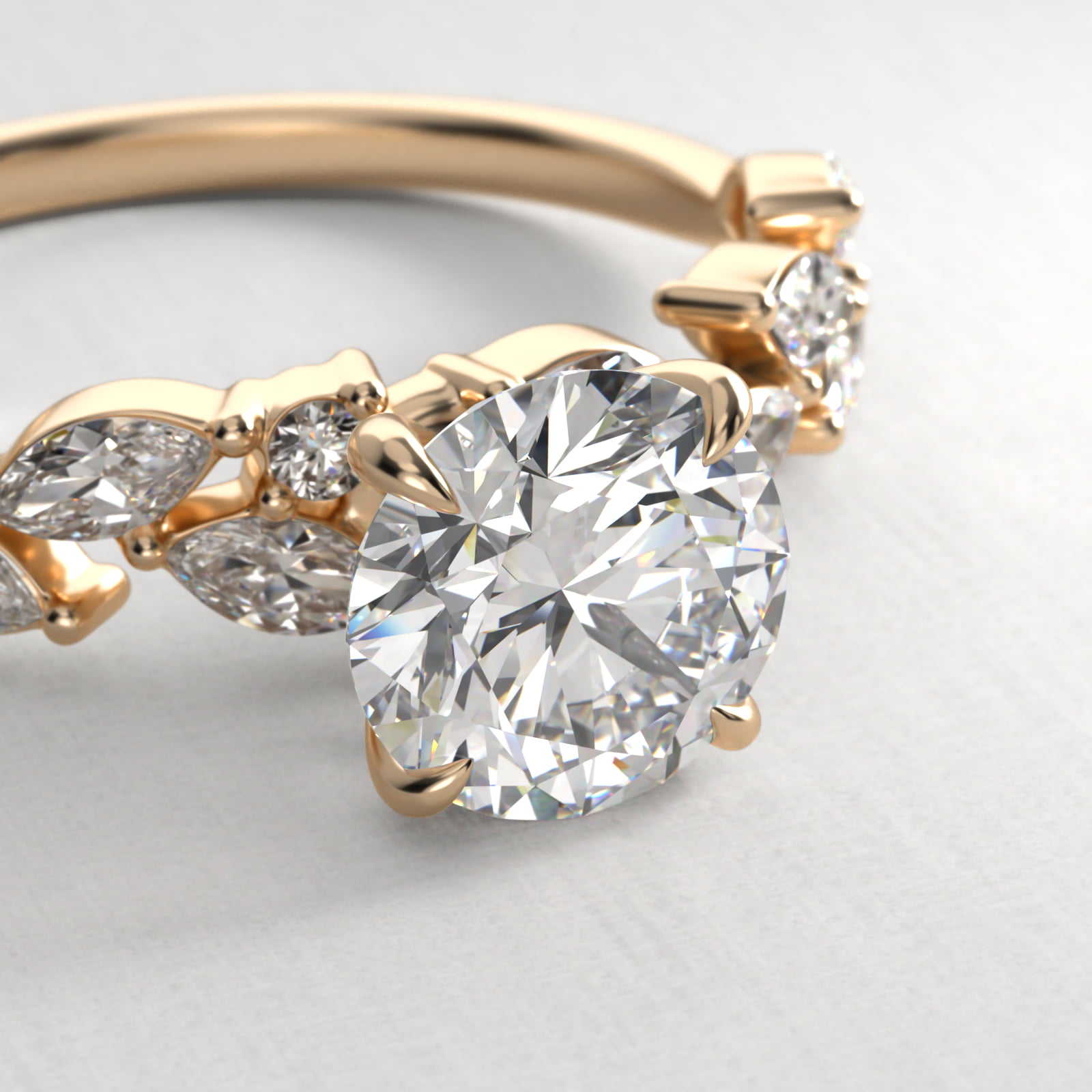 Floral Diamond Vine Side Stone Engagement Ring In 14K Yellow Gold