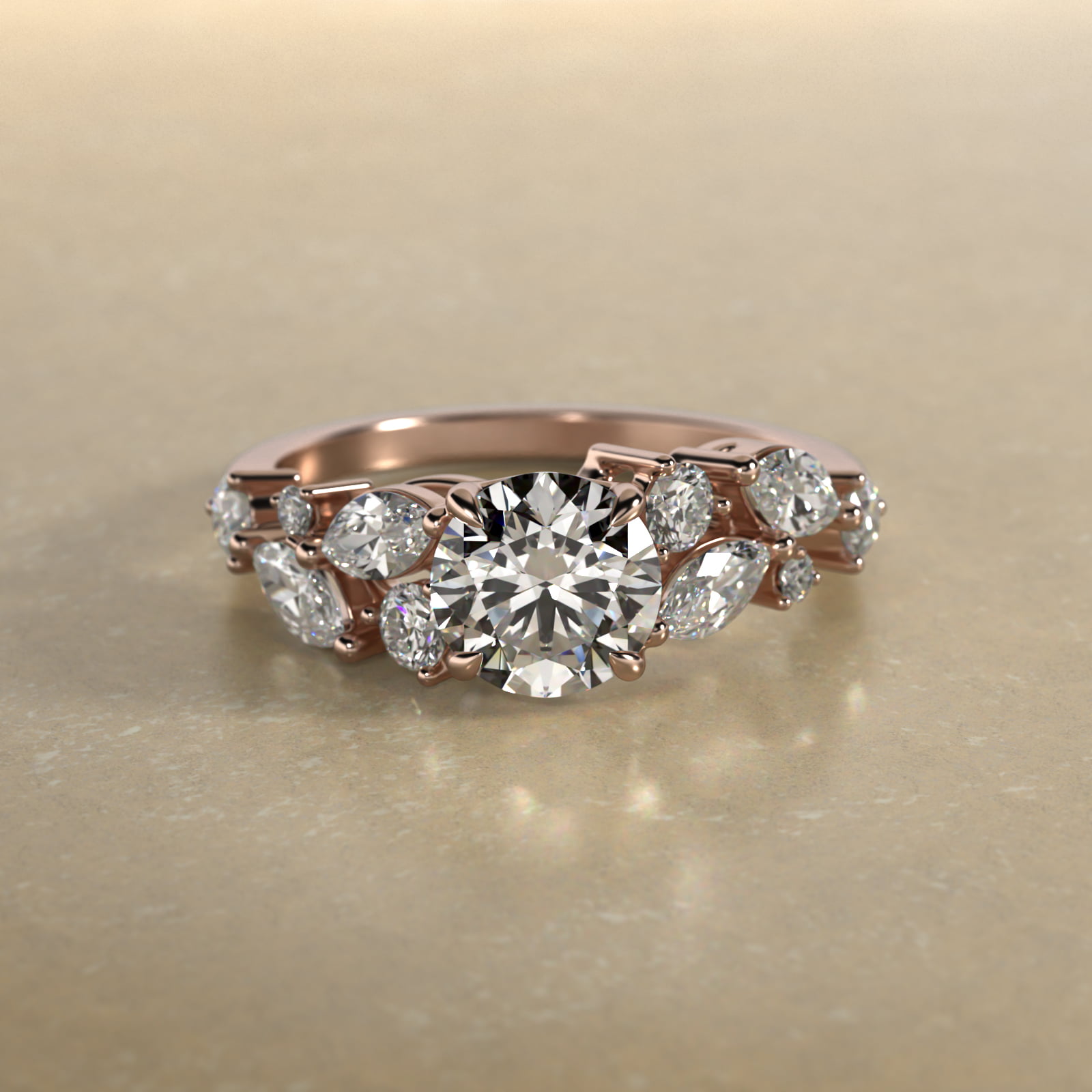 Diamond Nest Side Stone Engagement Ring In 14K Rose Gold