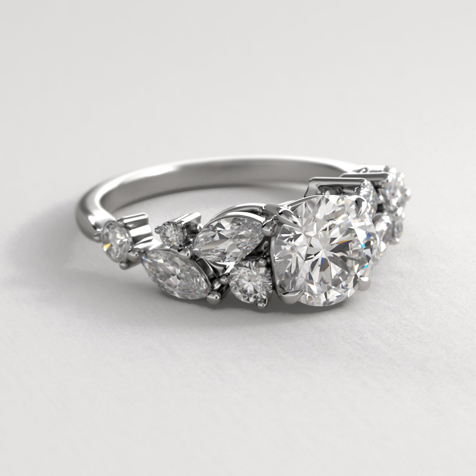 Diamond Nest Side Stone Engagement Ring In 18K White Gold