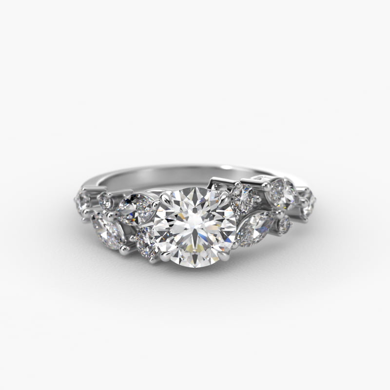 Diamond Nest Side Stone Engagement Ring In 14K White Gold
