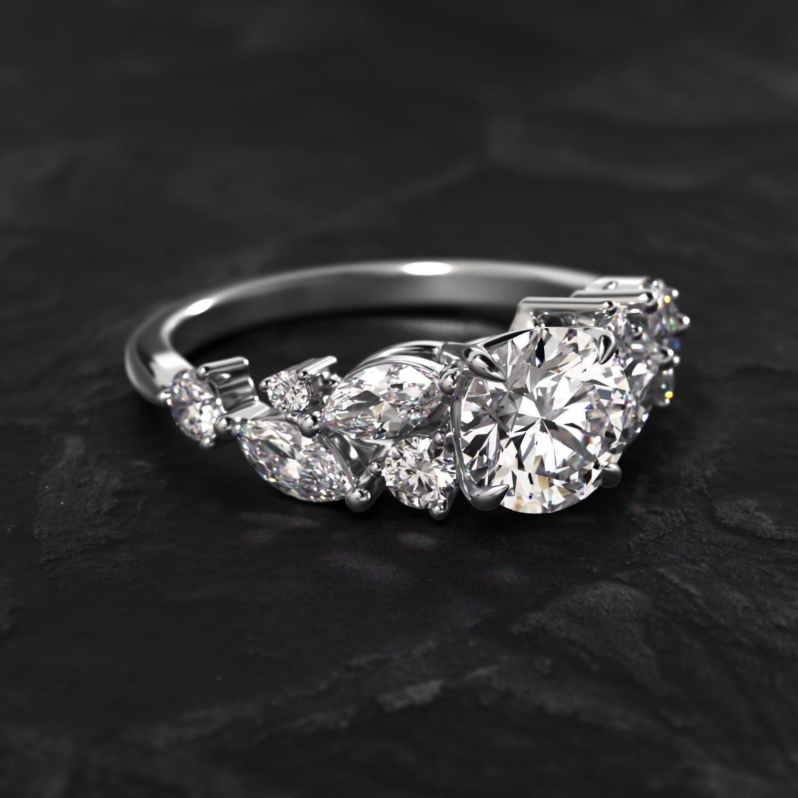 Diamond Nest Side Stone Engagement Ring In 14K White Gold