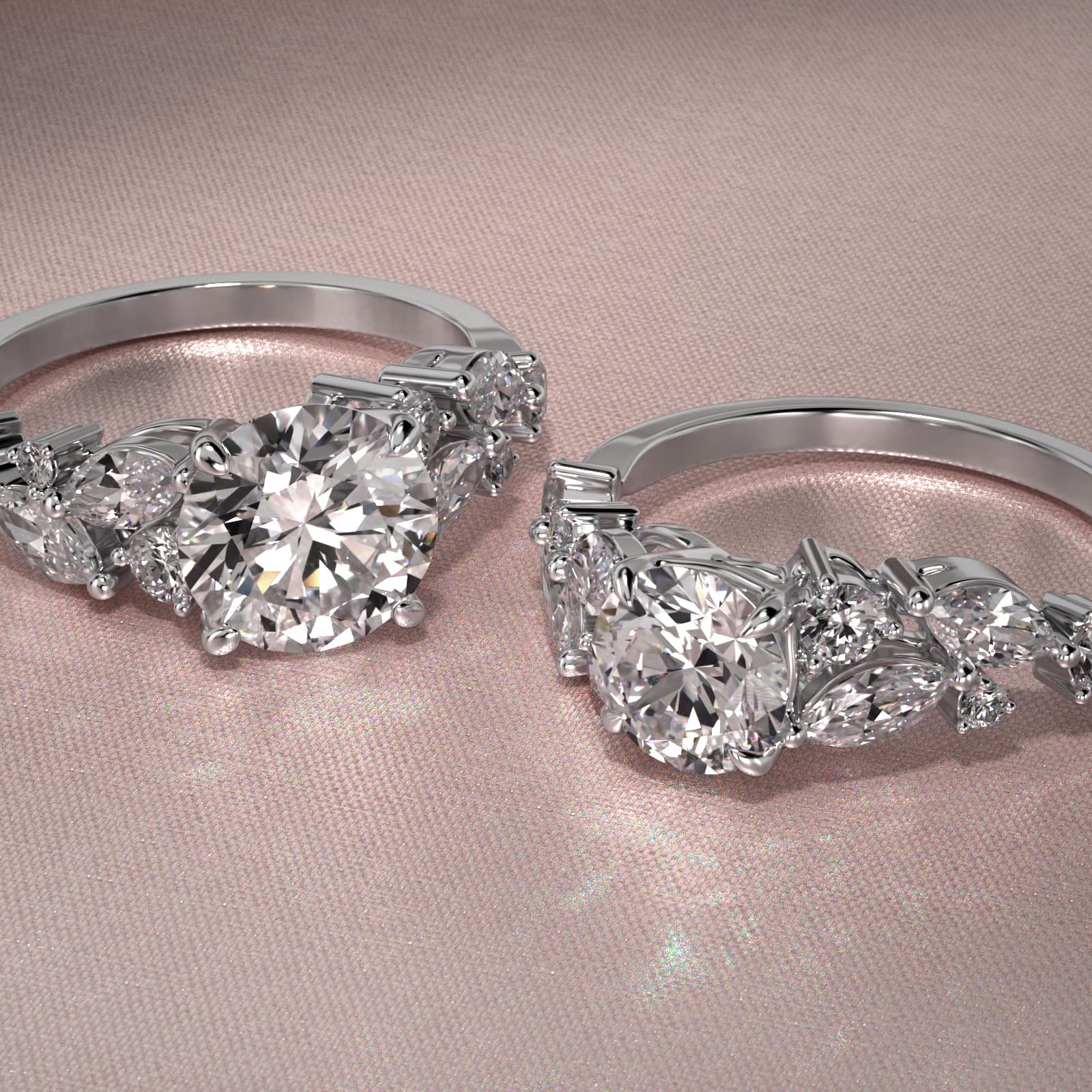 Diamond Nest Side Stone Engagement Ring In 18K White Gold