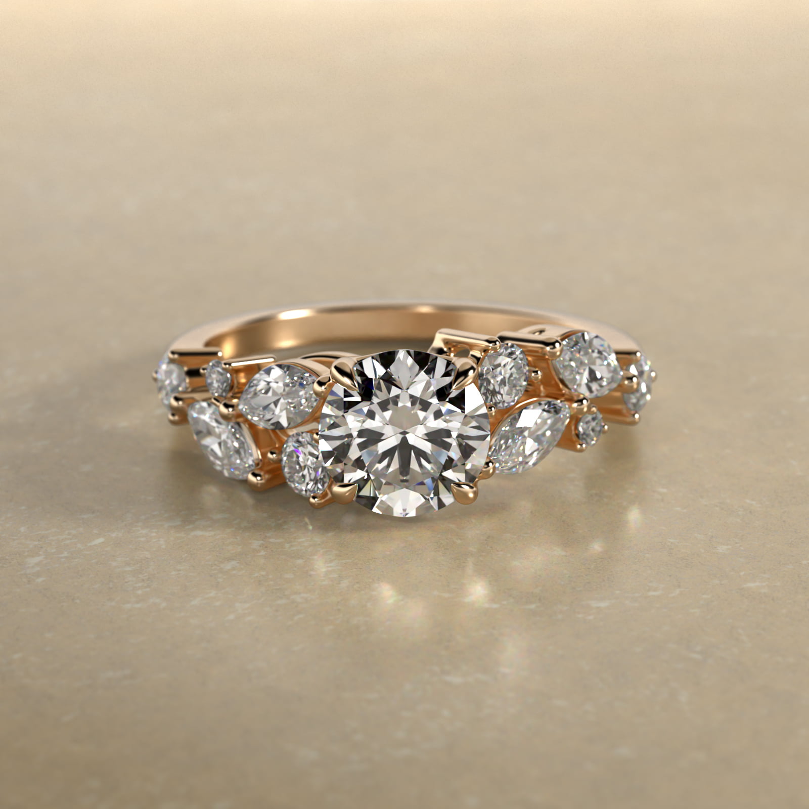 Diamond Nest Side Stone Engagement Ring In 14K Yellow Gold