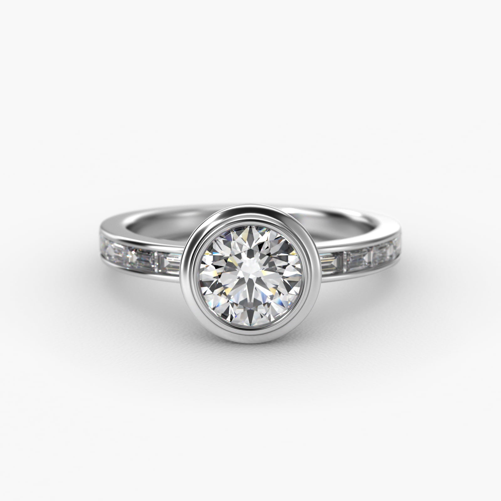 Diamond Line Engagement Ring With Channel Set Baguette Cut Diamonds In 14K White Gold