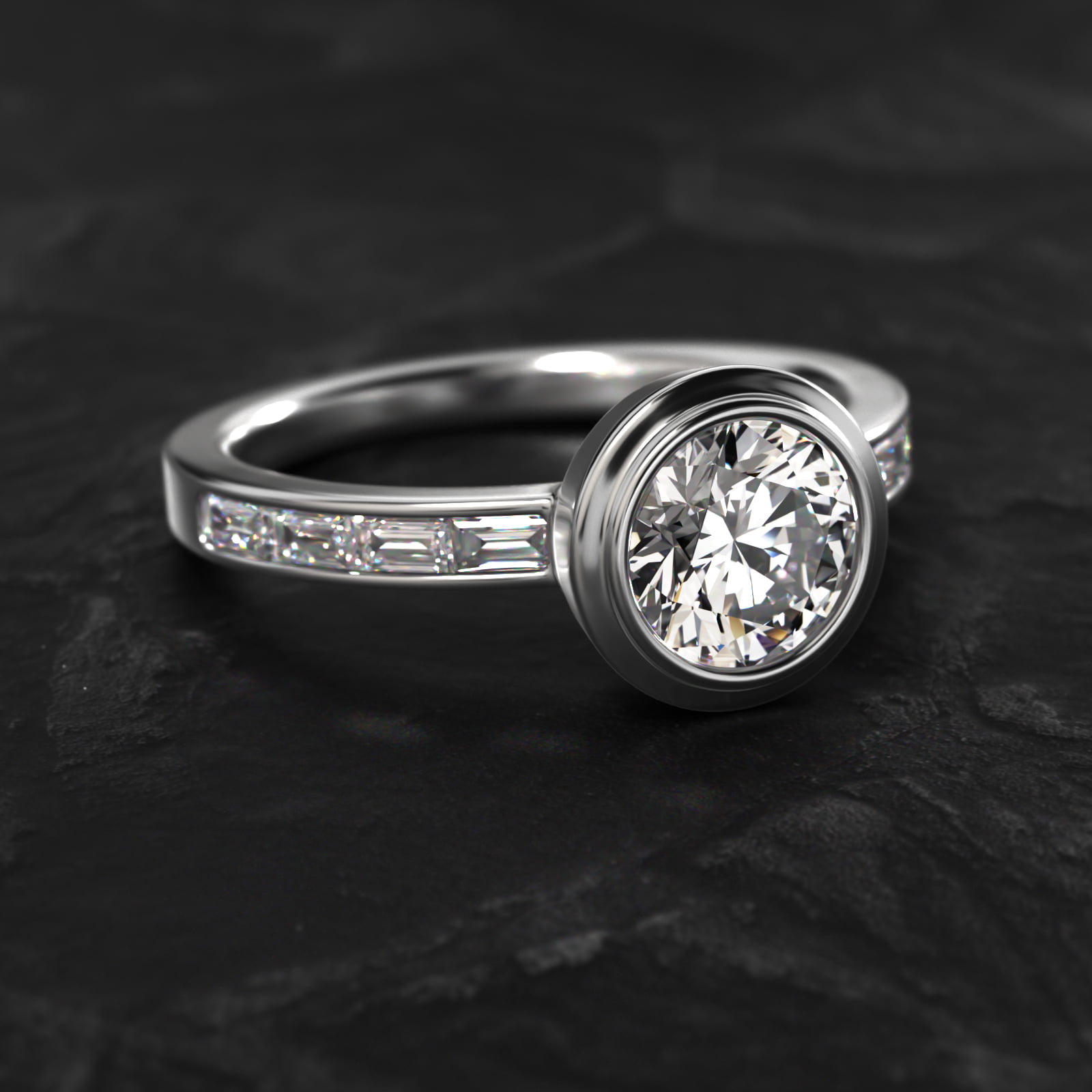 Diamond Line Engagement Ring With Channel Set Baguette Cut Diamonds In 18K White Gold