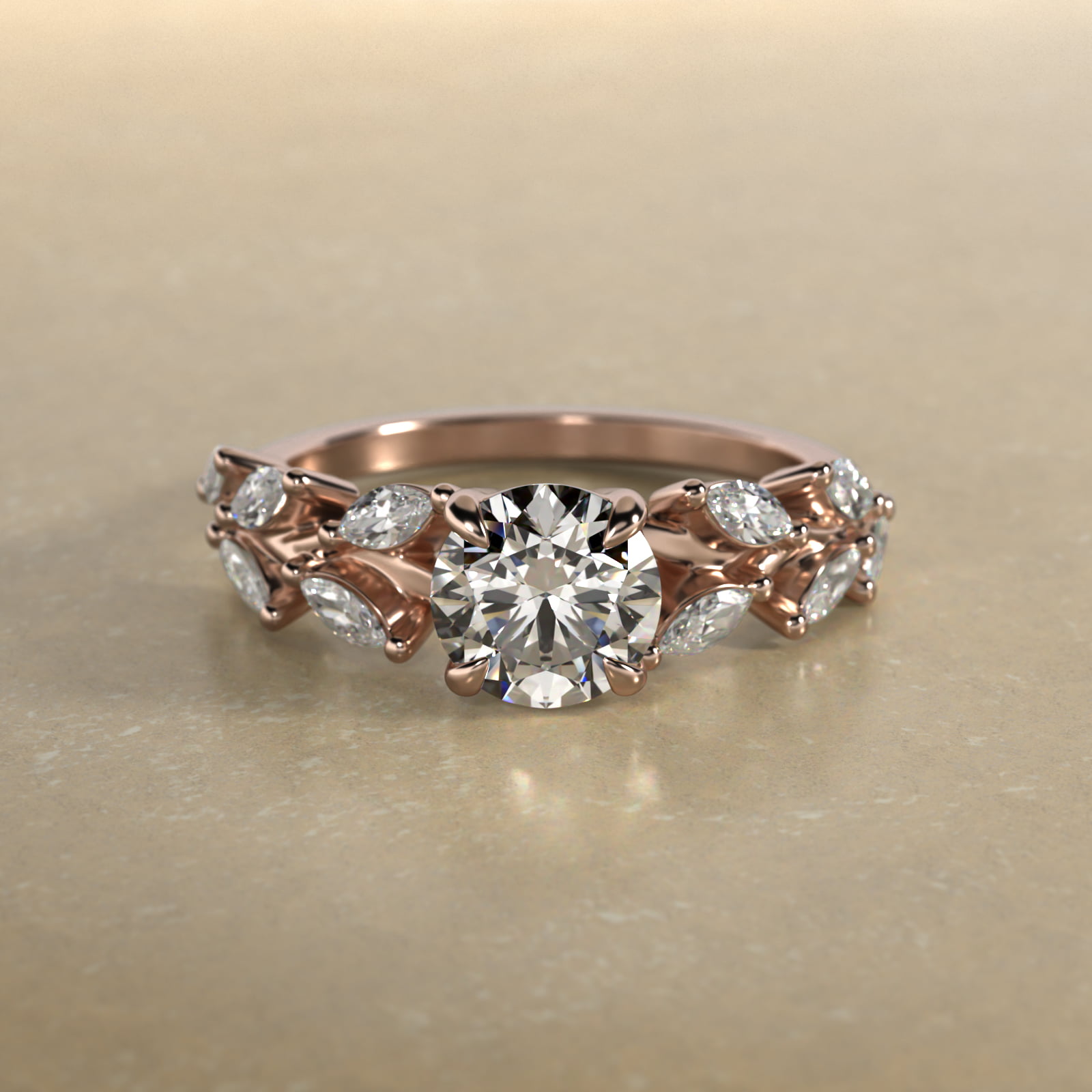 Diamond Wreath Side Stone Engagement Ring In 14K Rose Gold