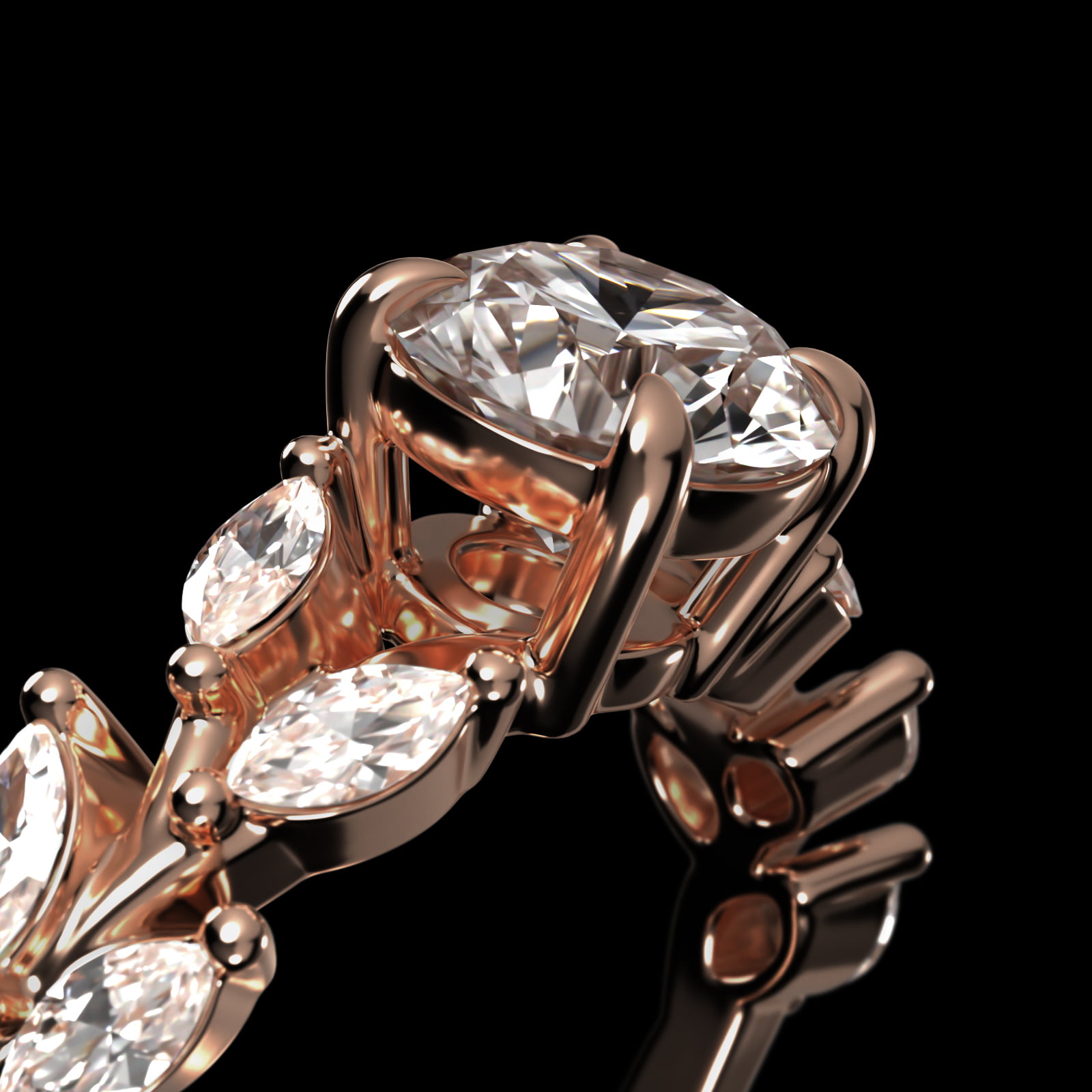 Diamond Wreath Side Stone Engagement Ring In 14K Rose Gold