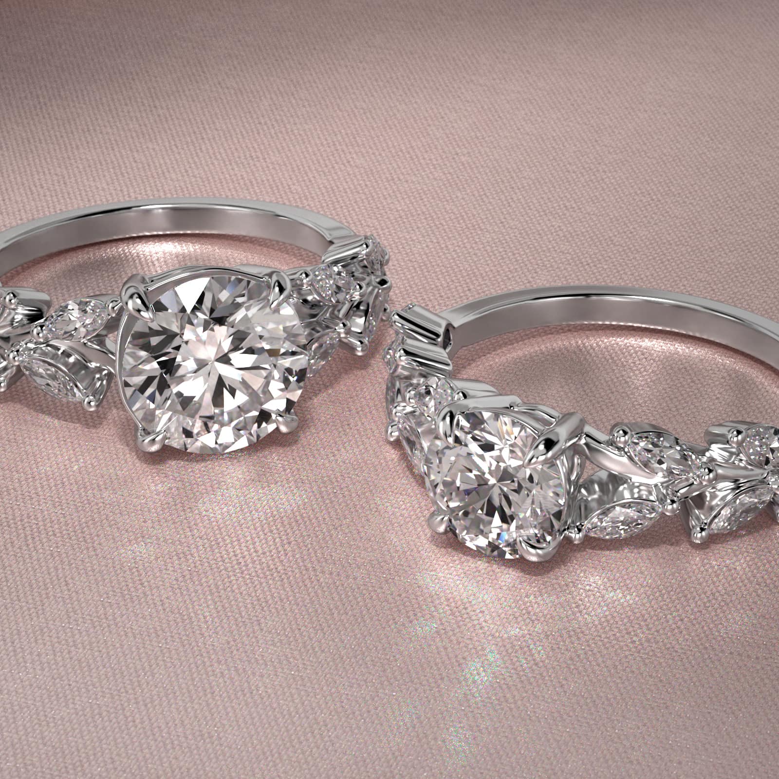 Diamond Wreath Side Stone Engagement Ring In 14K White Gold