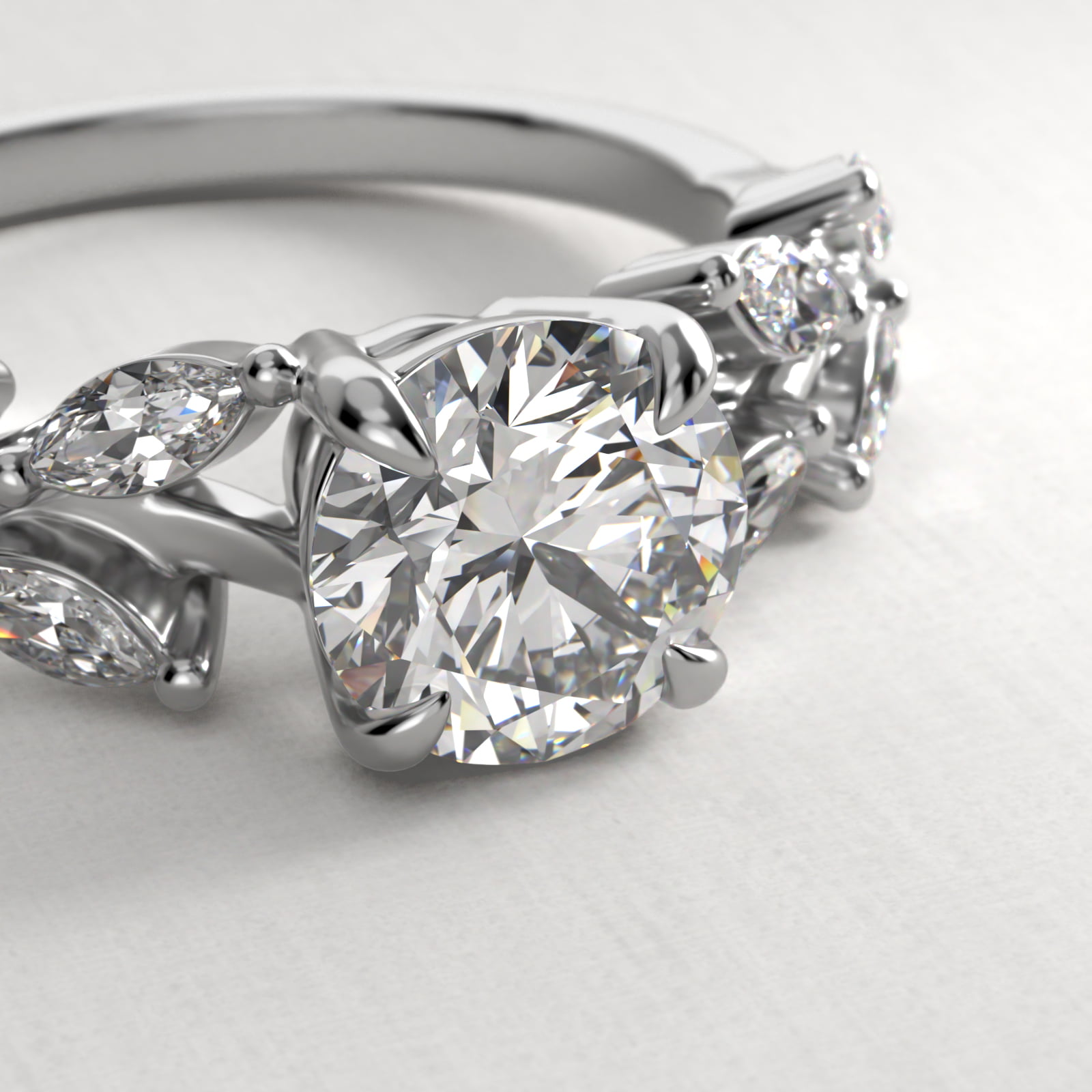 Diamond Wreath Side Stone Engagement Ring In 14K White Gold