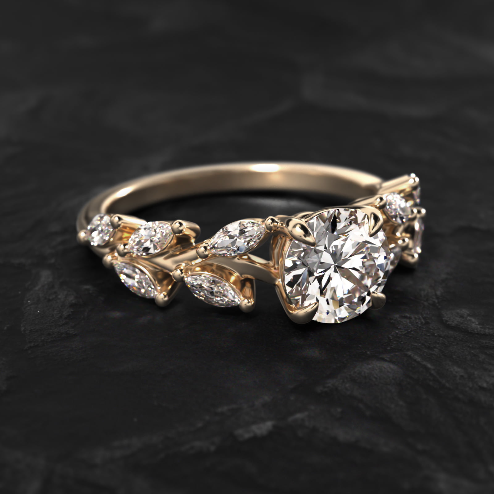 Diamond Wreath Side Stone Engagement Ring In 14K Yellow Gold
