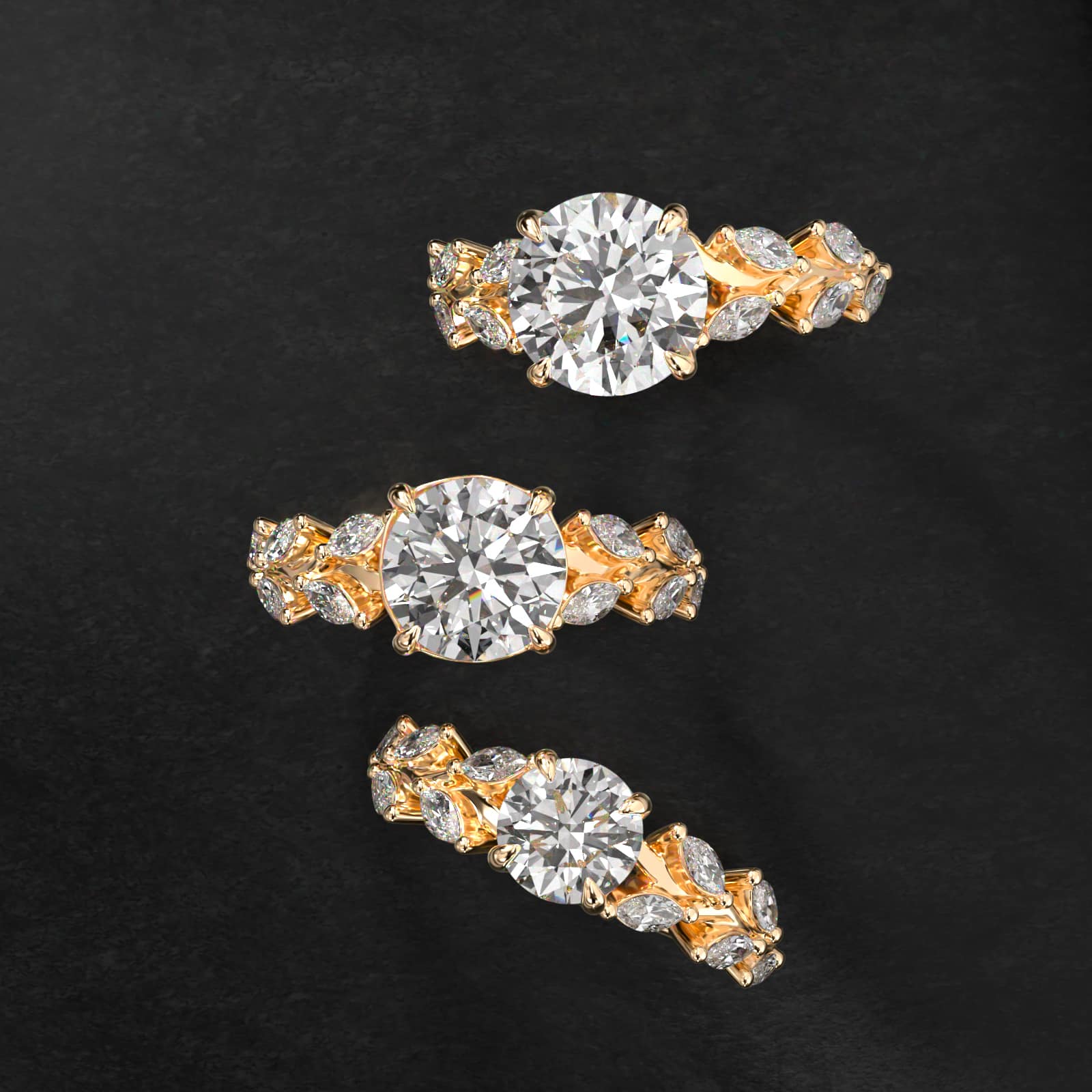 Diamond Wreath Side Stone Engagement Ring In 18K Yellow Gold