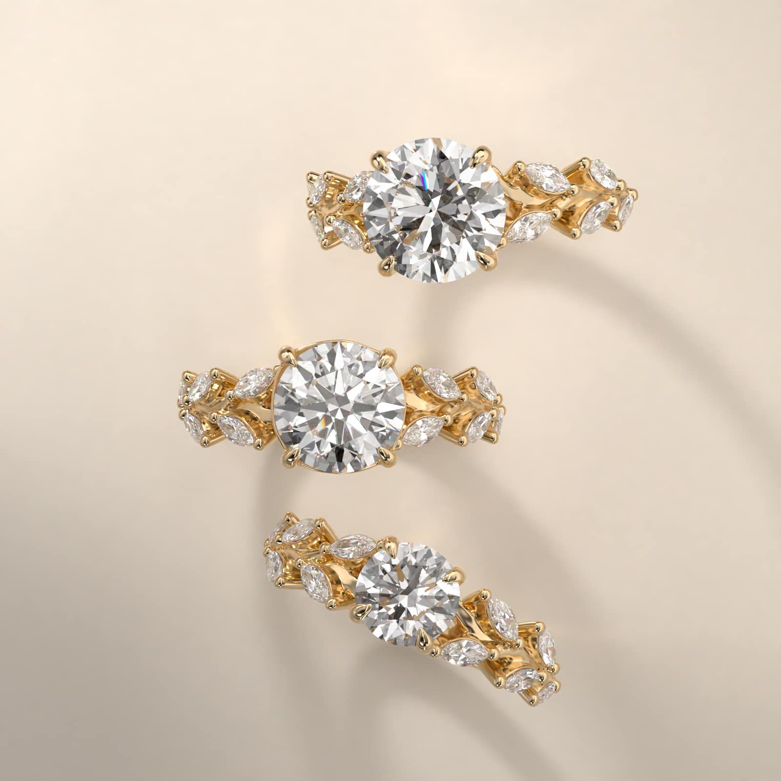 Diamond Wreath Side Stone Engagement Ring In 14K Yellow Gold