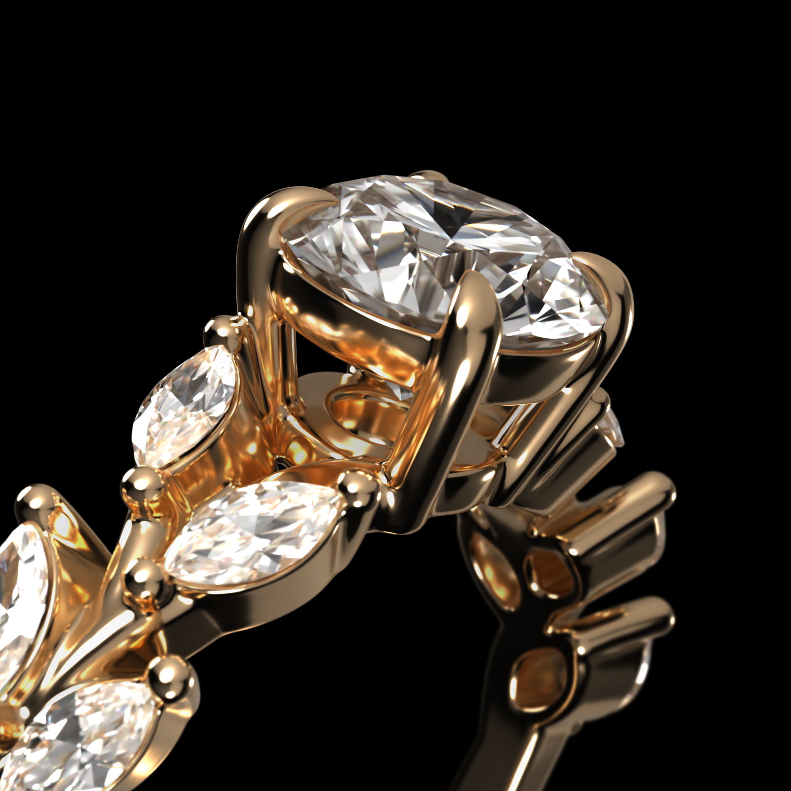 Diamond Wreath Side Stone Engagement Ring In 18K Yellow Gold