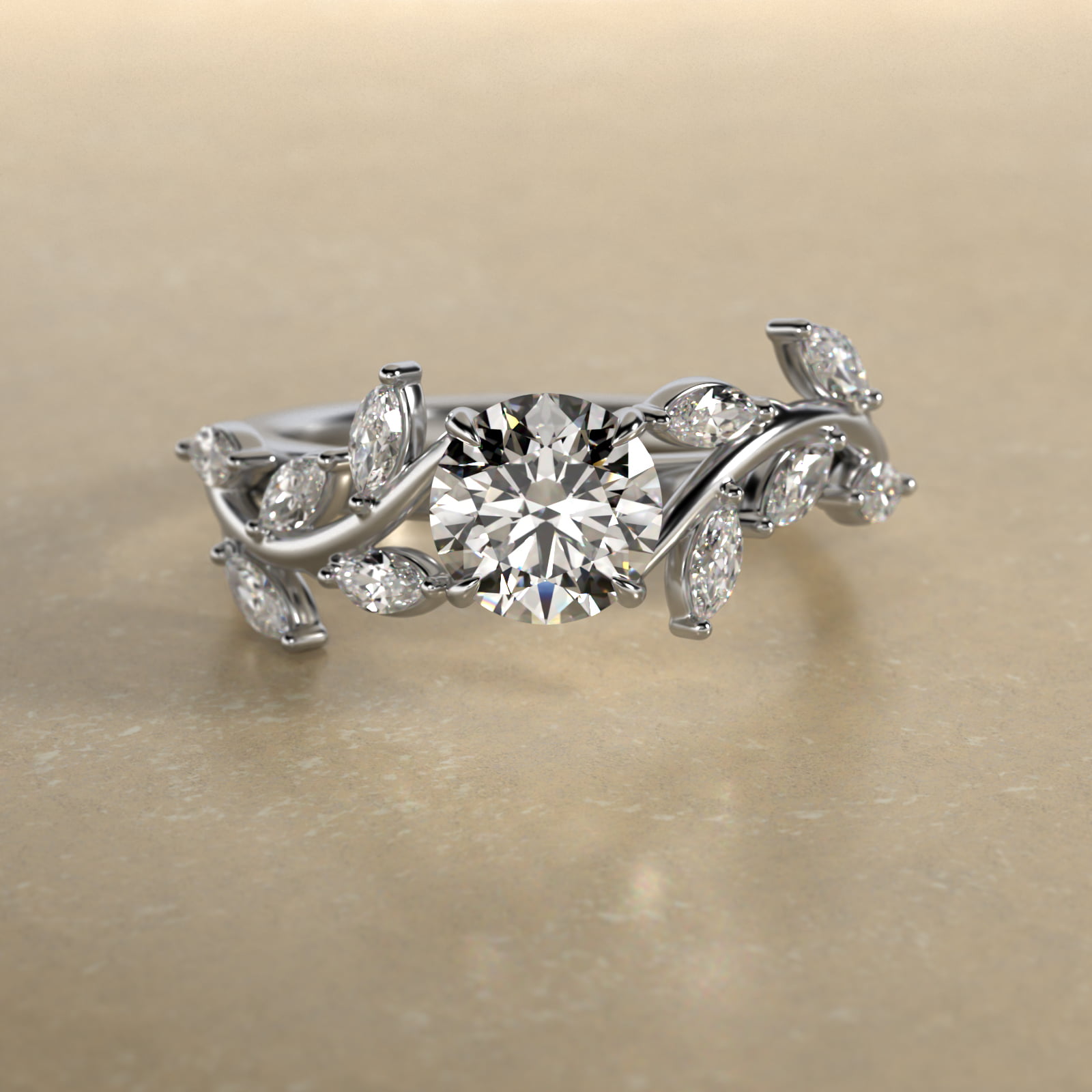 Floral Side Stone Diamond Engagement Ring In 18K White Gold