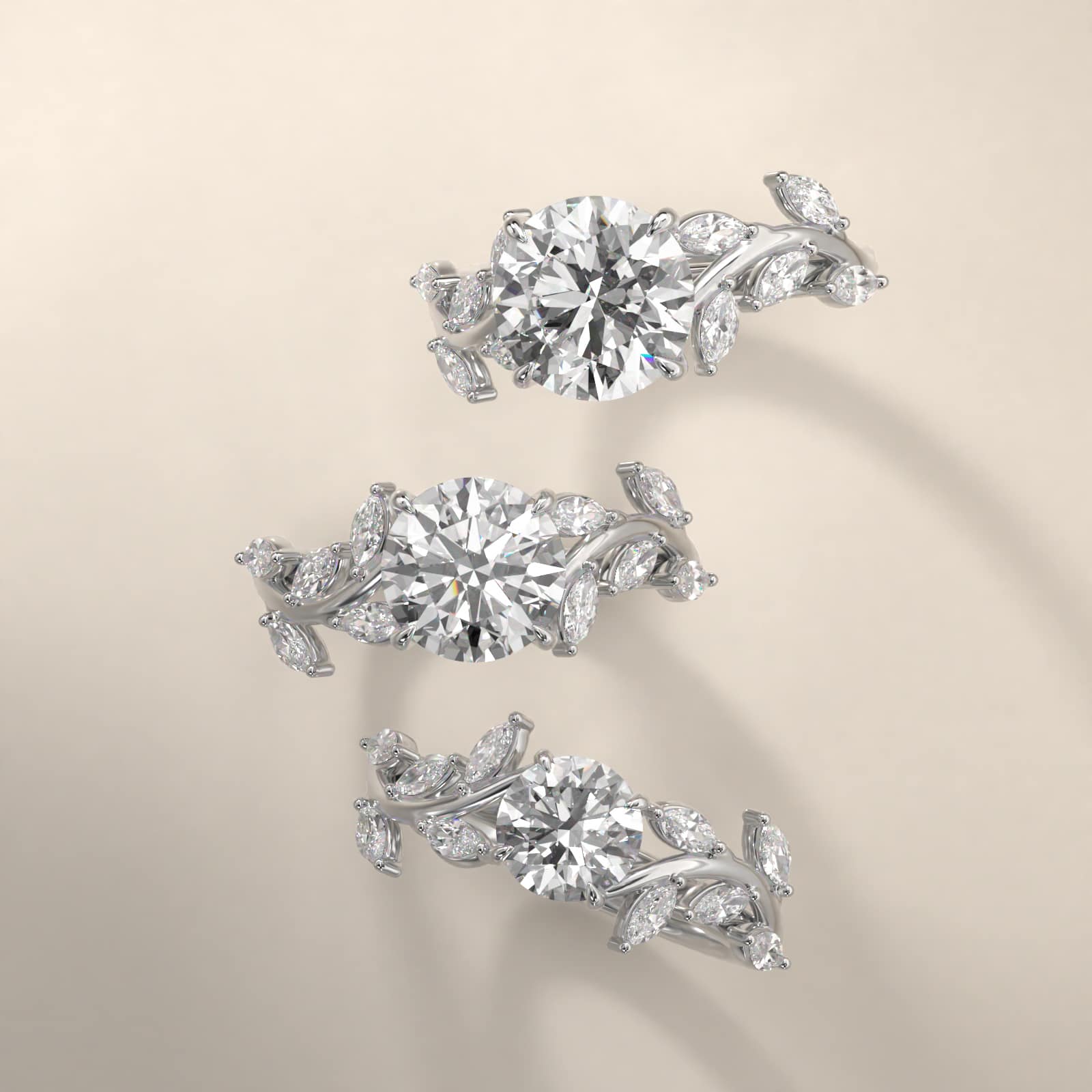 Floral Side Stone Diamond Engagement Ring In 14K White Gold