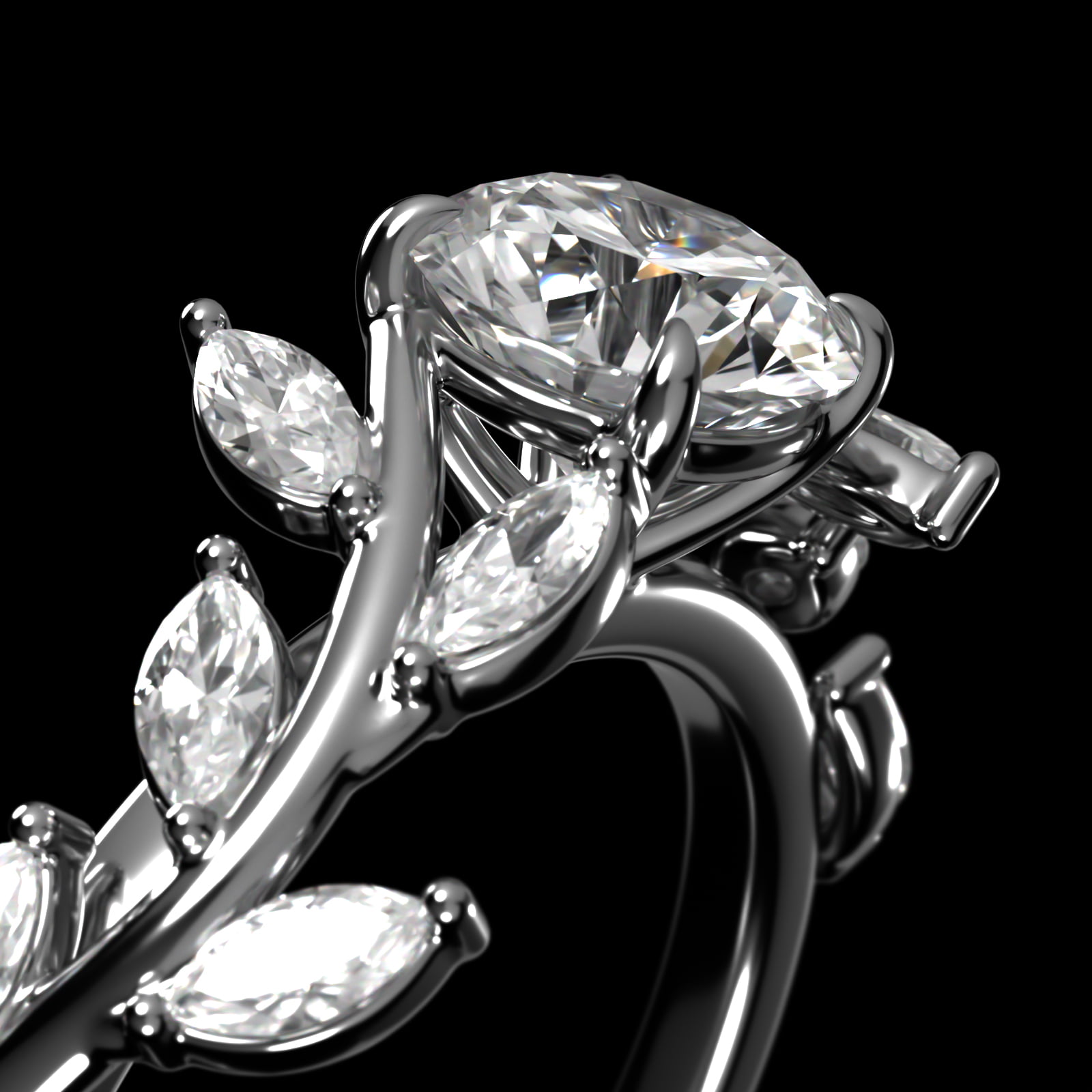 Floral Side Stone Diamond Engagement Ring In 14K White Gold