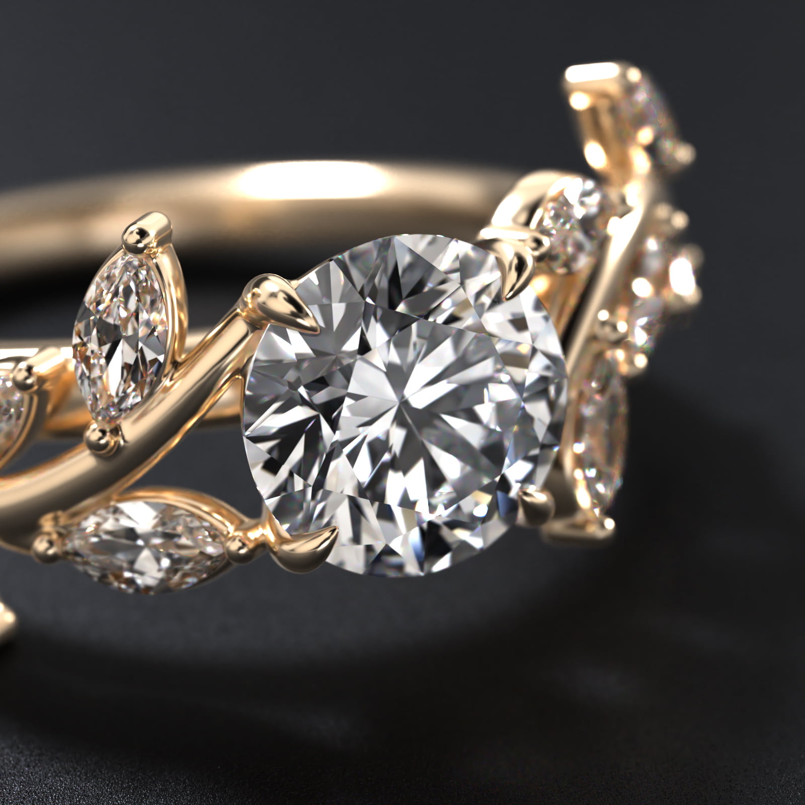 Floral Side Stone Diamond Engagement Ring In 18K Yellow Gold