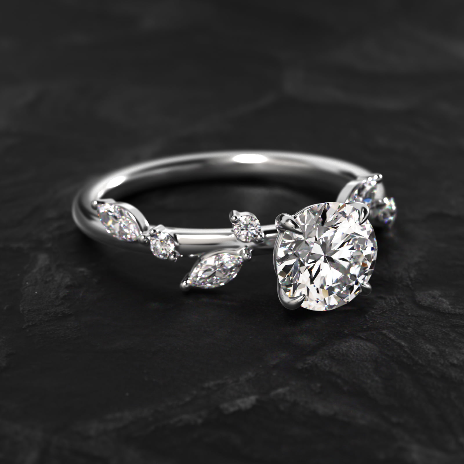 Diamond Whisper Side Stone Engagement Ring In 14K White Gold