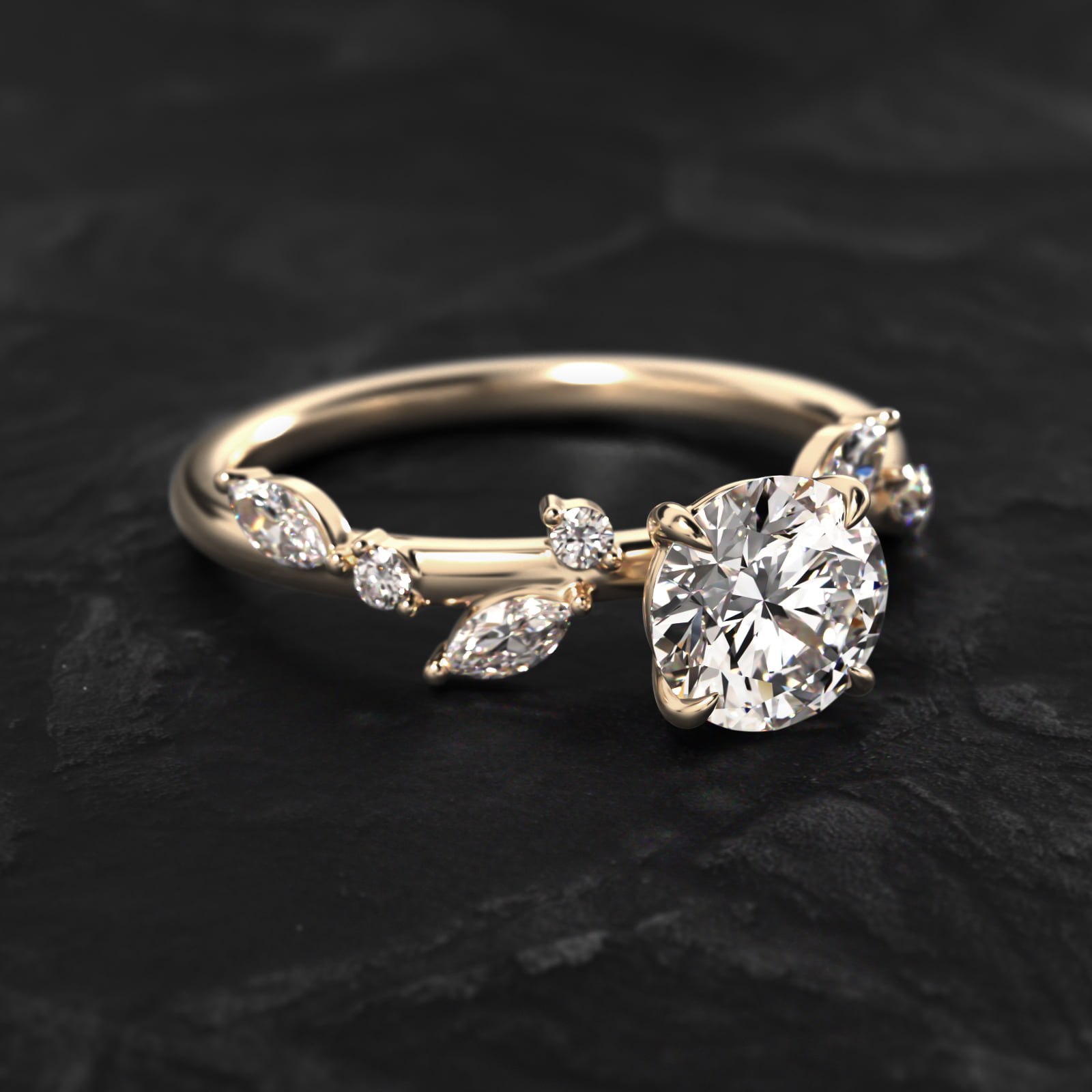 Diamond Whisper Side Stone Engagement Ring In 18K Yellow Gold