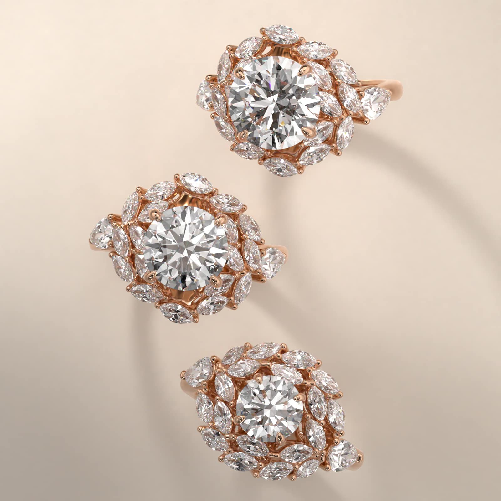 Marquise Dual Diamond Halo Engagement Ring In 14K Rose Gold