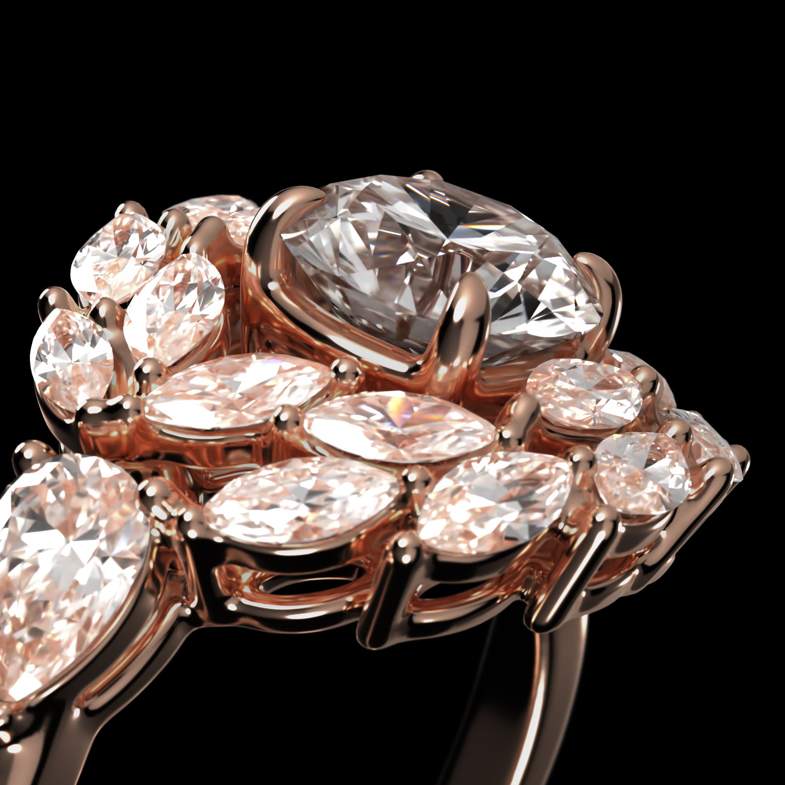 Marquise Dual Diamond Halo Engagement Ring In 14K Rose Gold