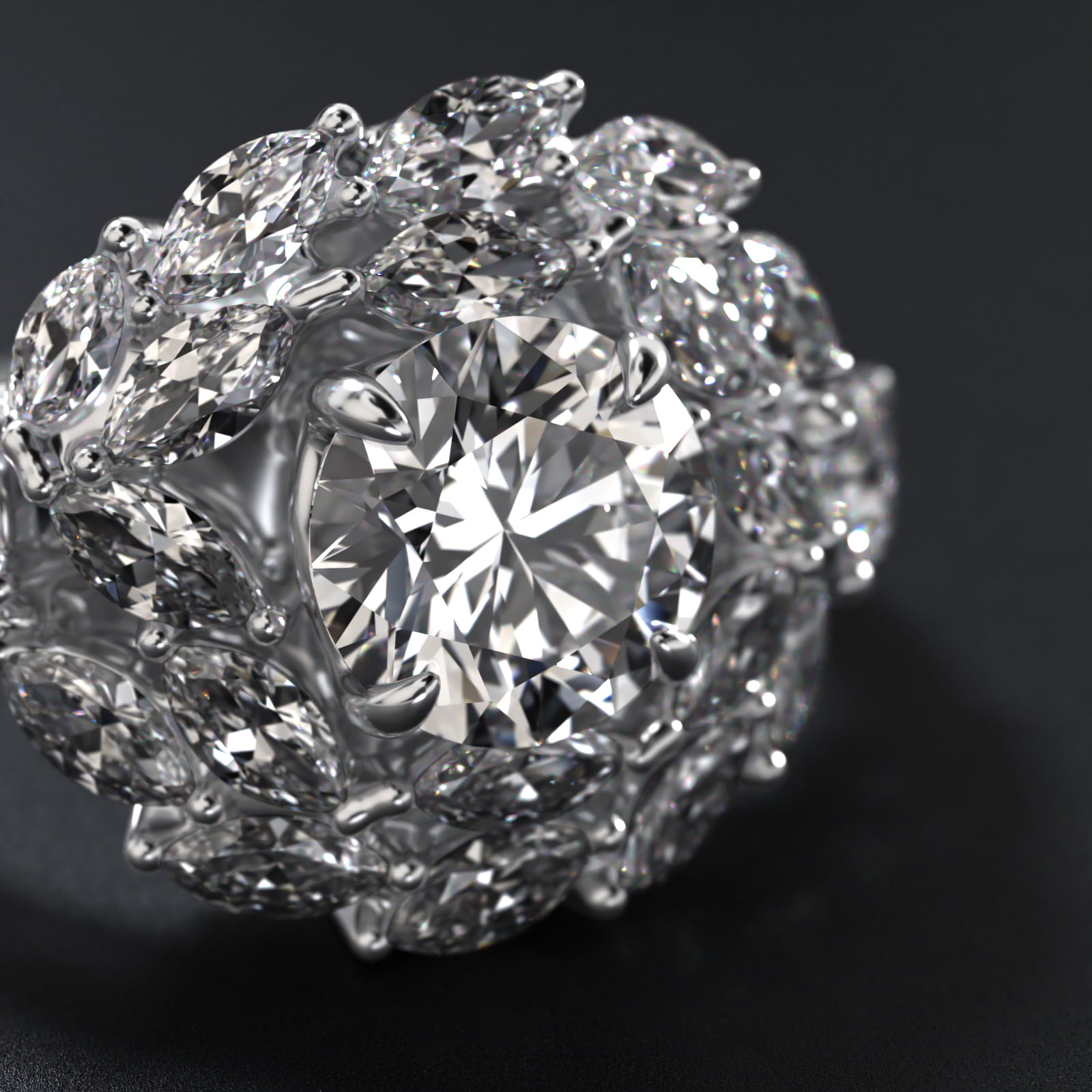 Marquise Dual Diamond Halo Engagement Ring In 18K White Gold