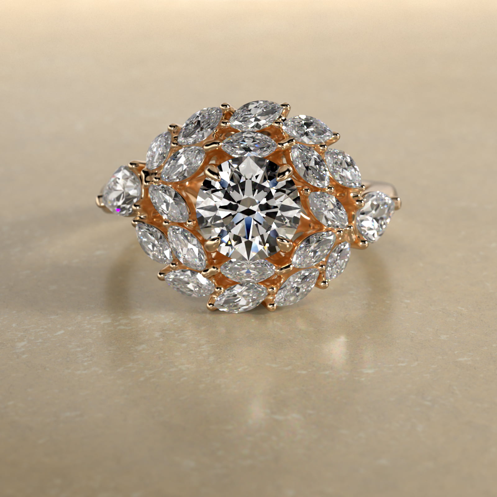 Marquise Dual Diamond Halo Engagement Ring In 18K Yellow Gold