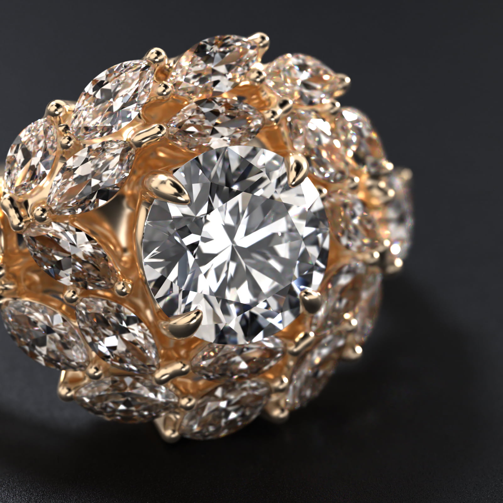 Marquise Dual Diamond Halo Engagement Ring In 18K Yellow Gold